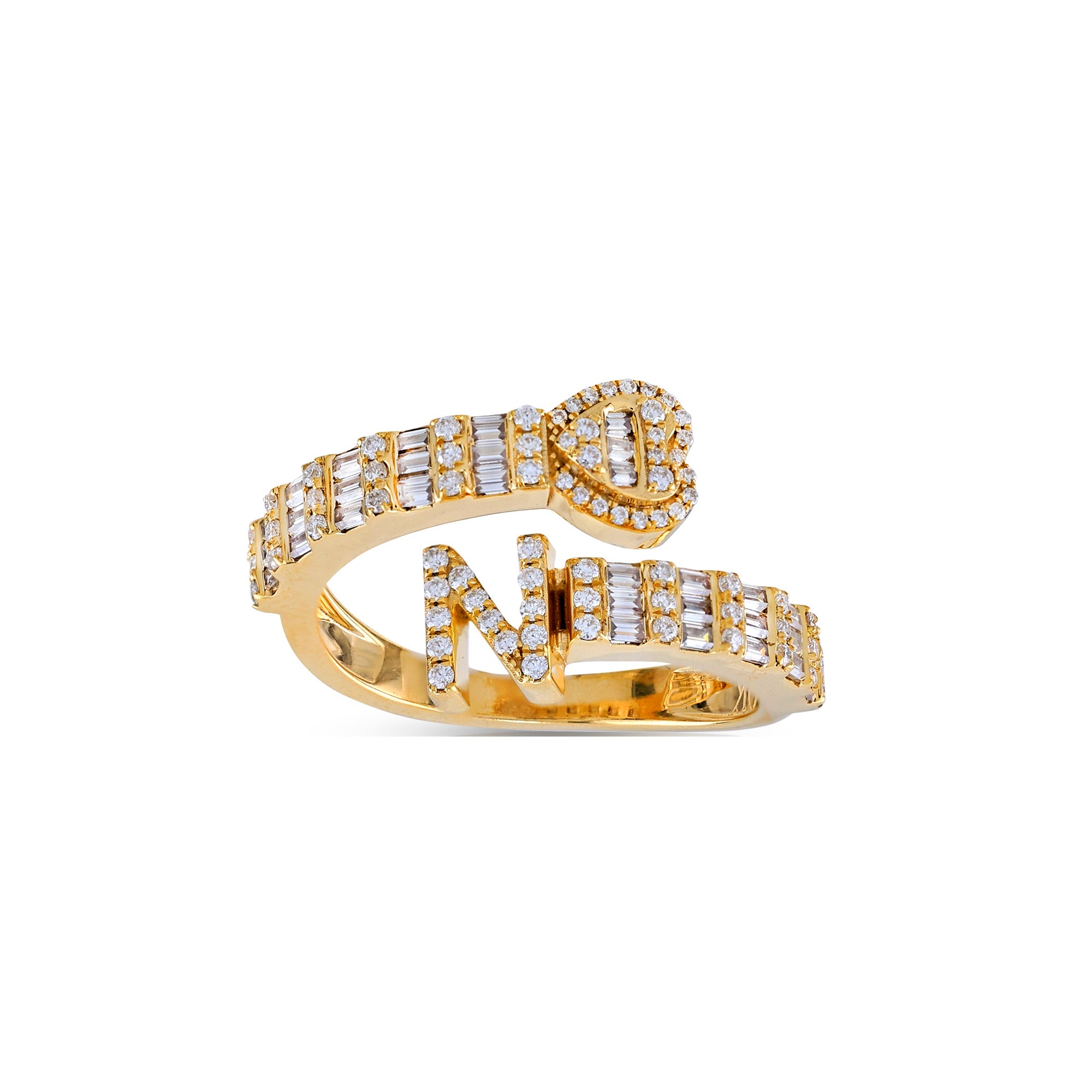 Yellow Gold Baguette and Round Diamond Initial Rings