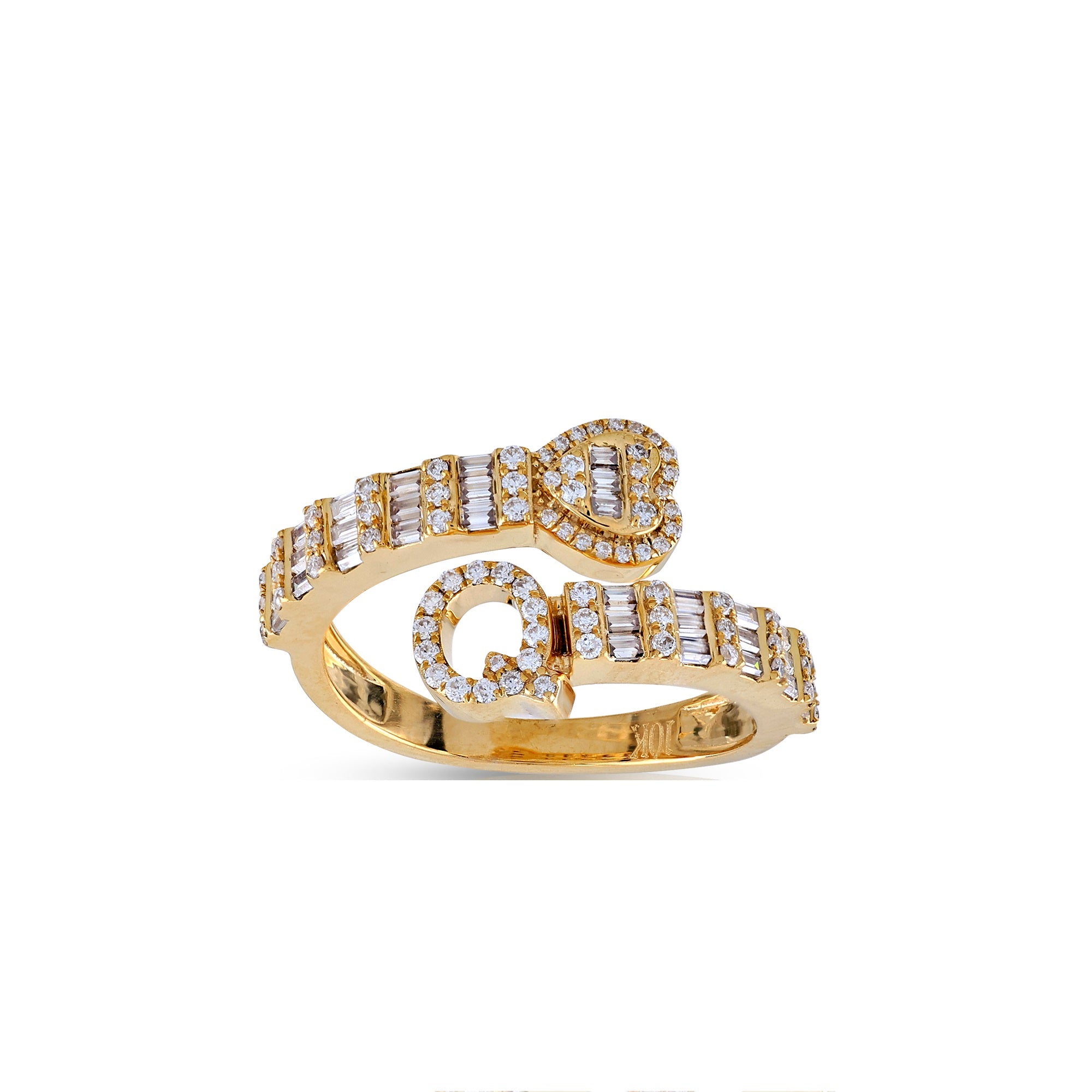 Yellow Gold Baguette and Round Diamond Initial Rings