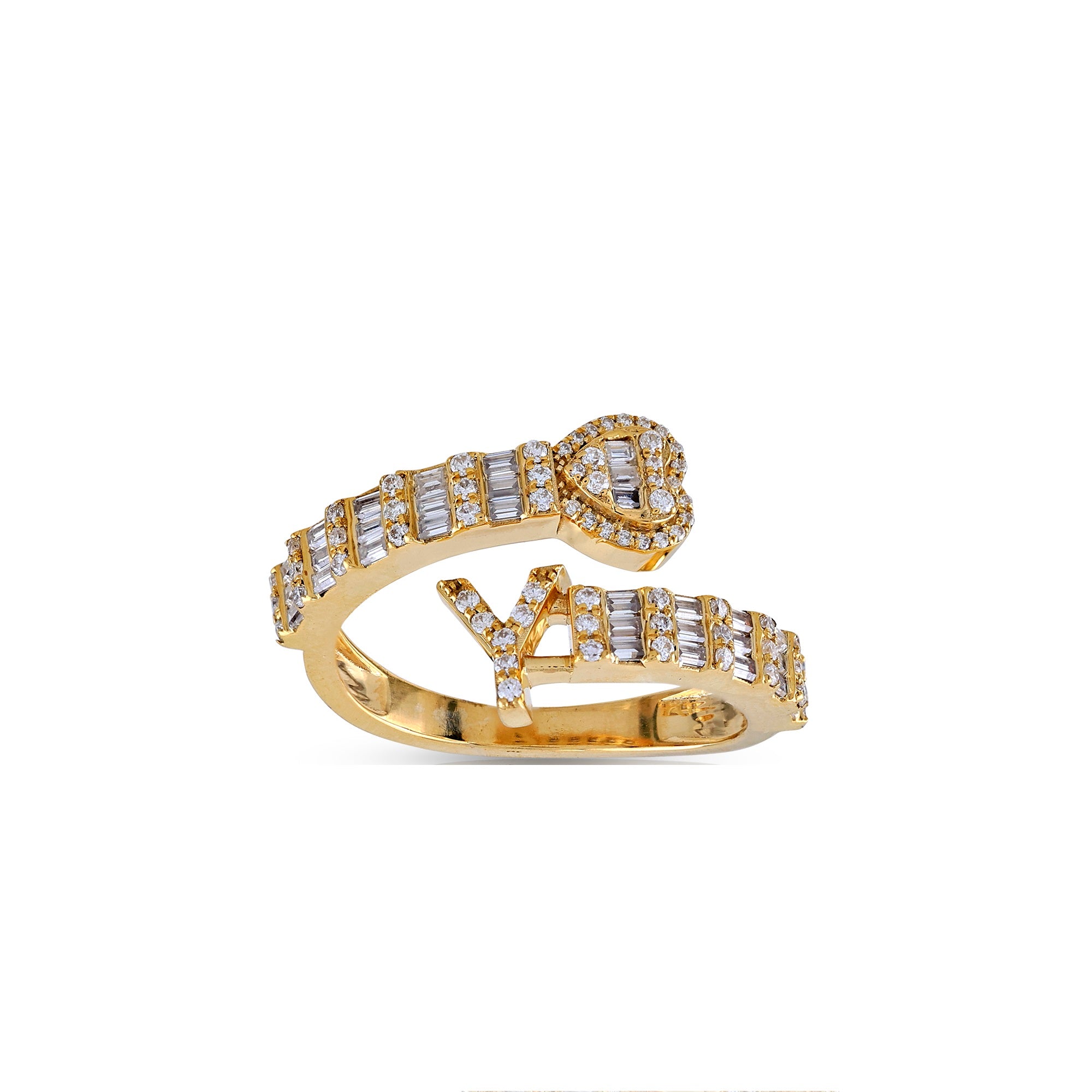 Yellow Gold Baguette and Round Diamond Initial Rings