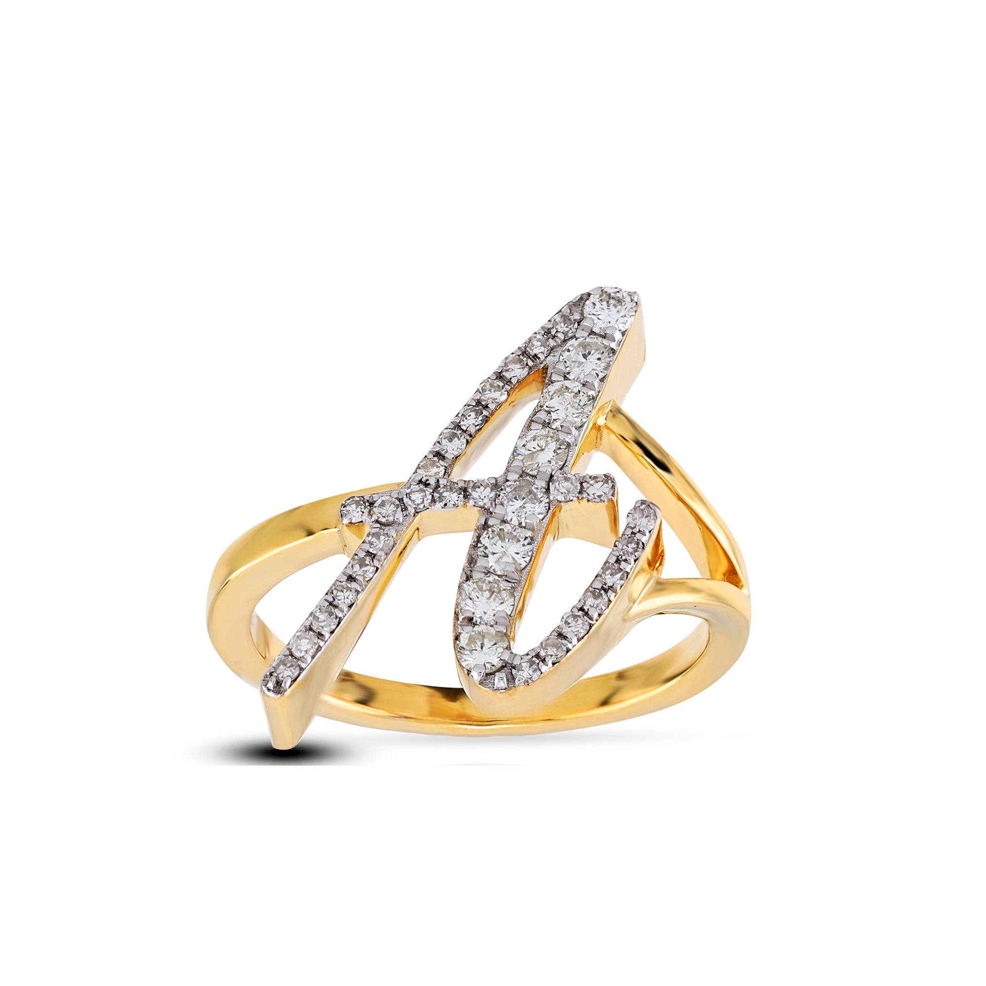 10K Yellow Gold Round Pave Diamond Initial Letter Ring