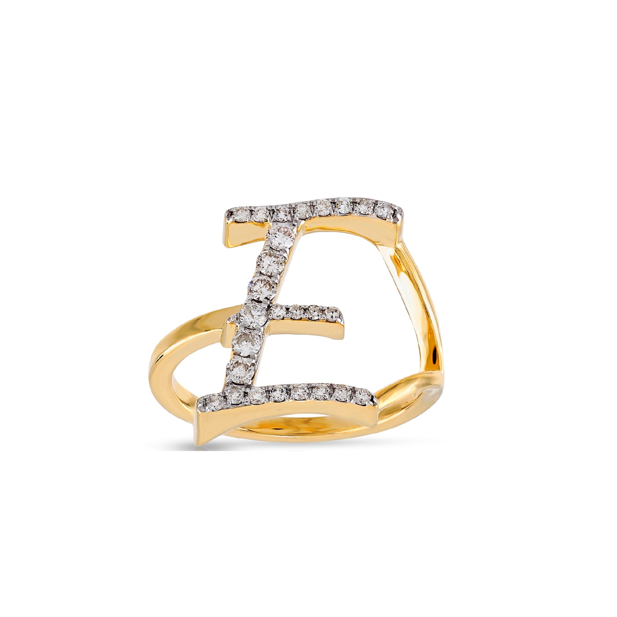 10K Yellow Gold Round Pave Diamond Initial Letter Ring