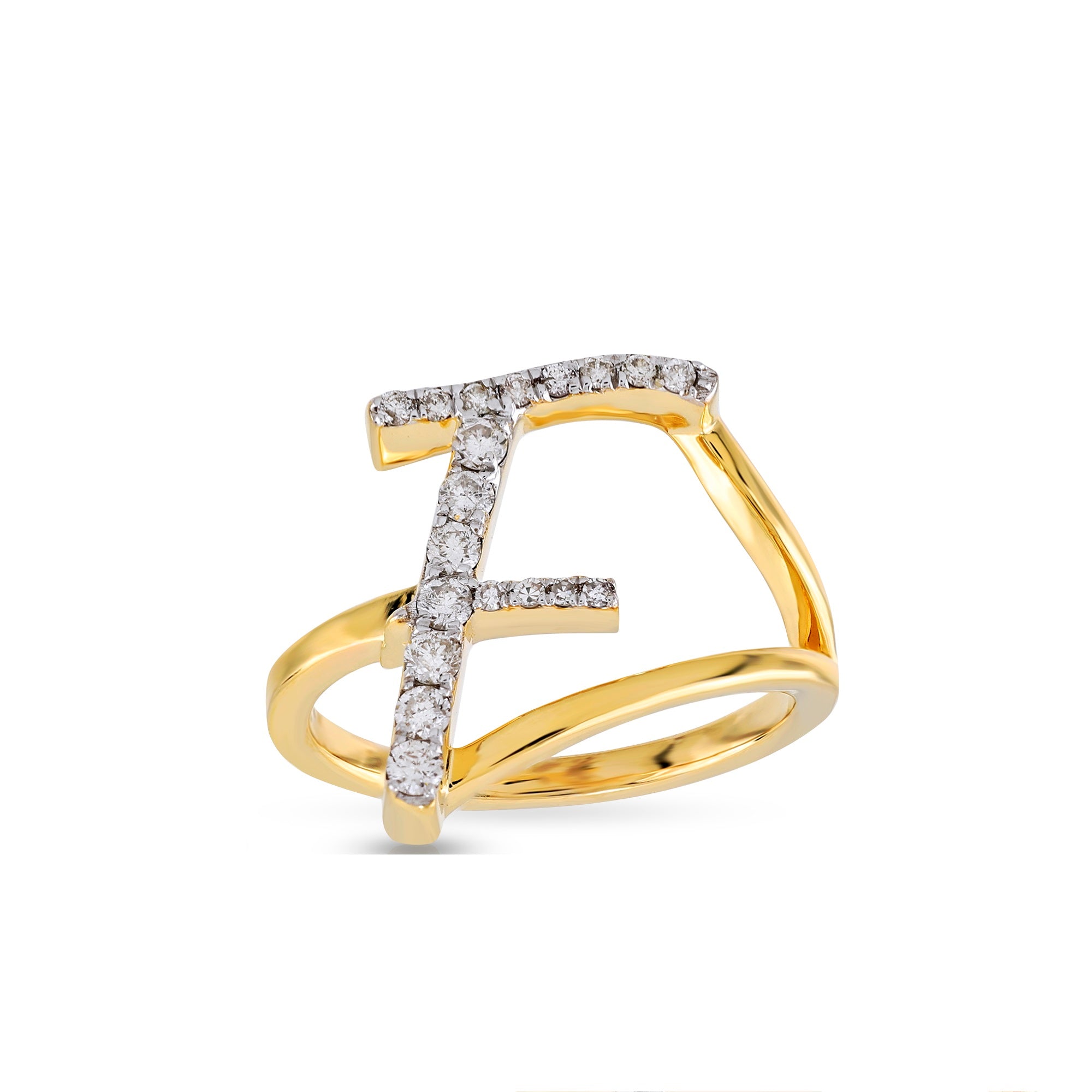 10K Yellow Gold Round Pave Diamond Initial Letter Ring