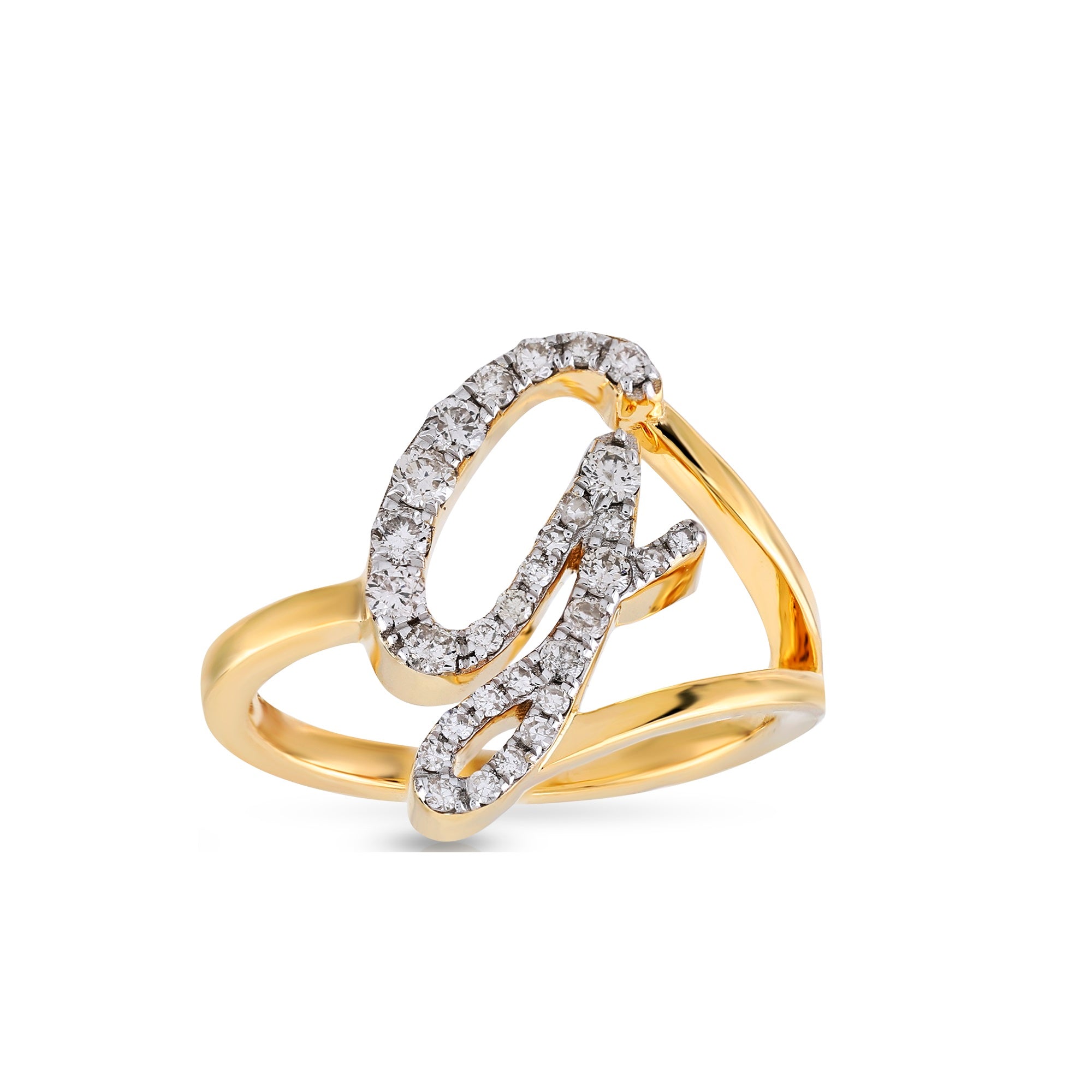 10K Yellow Gold Round Pave Diamond Initial Letter Ring