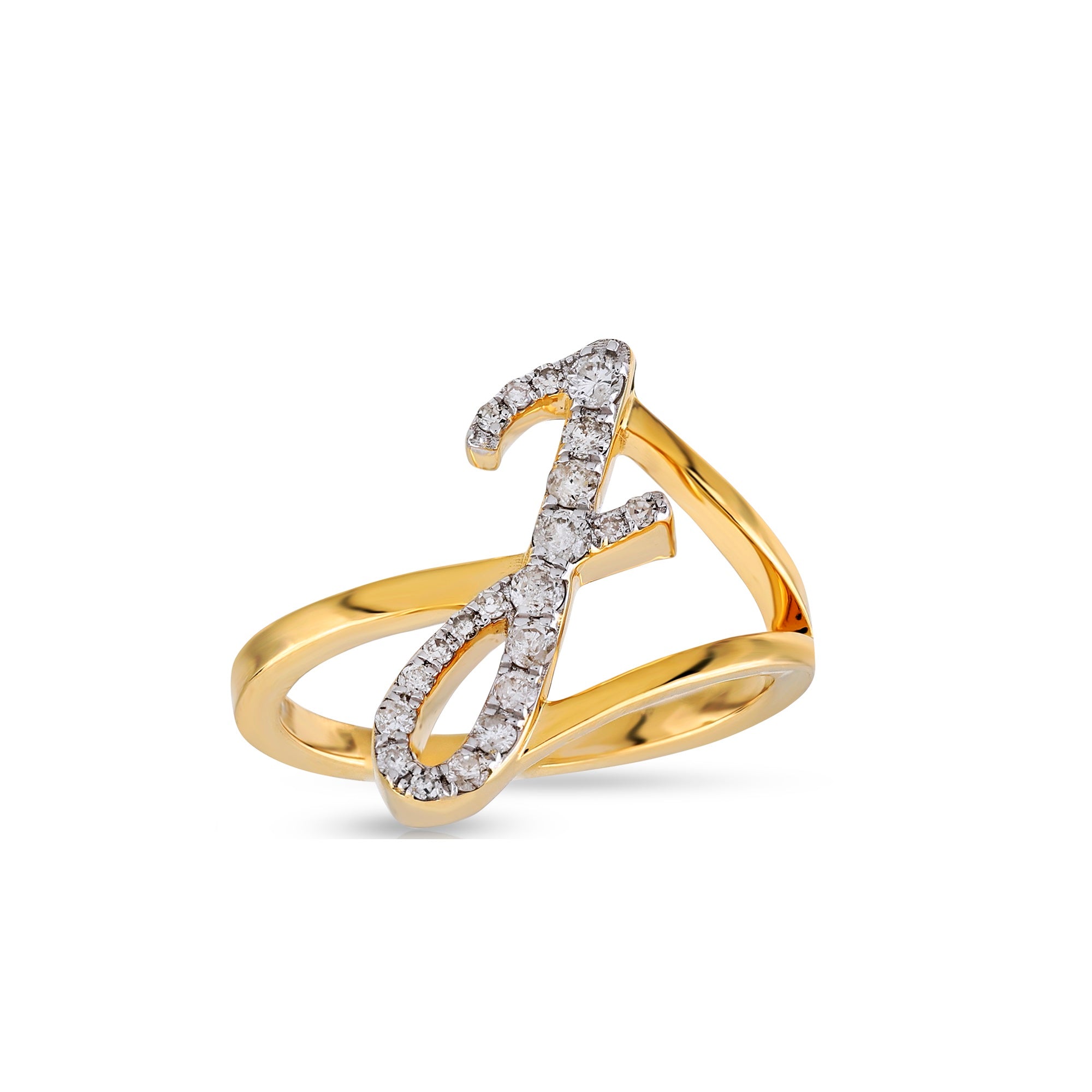 10K Yellow Gold Round Pave Diamond Initial Letter Ring