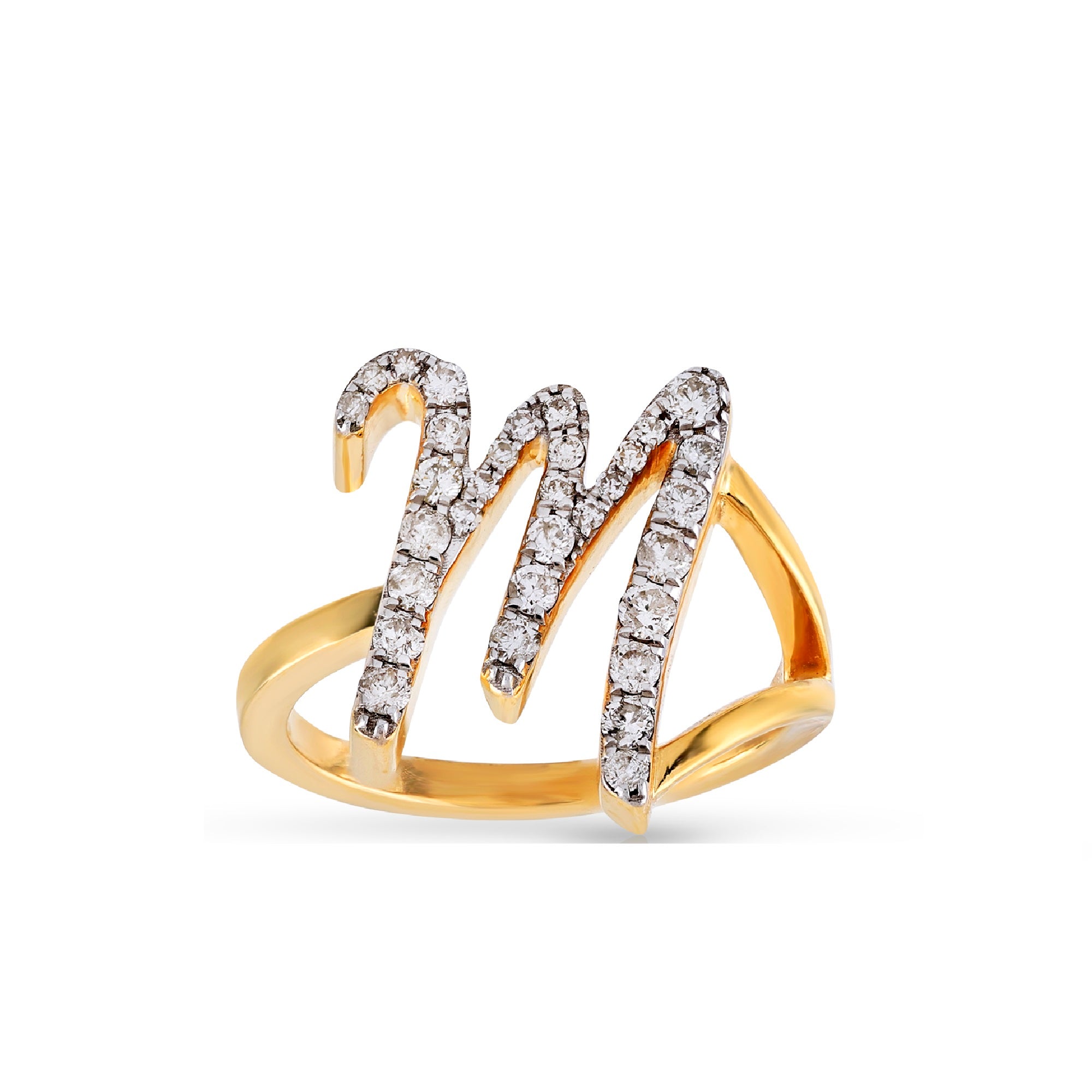 10K Yellow Gold Round Pave Diamond Initial Letter Ring