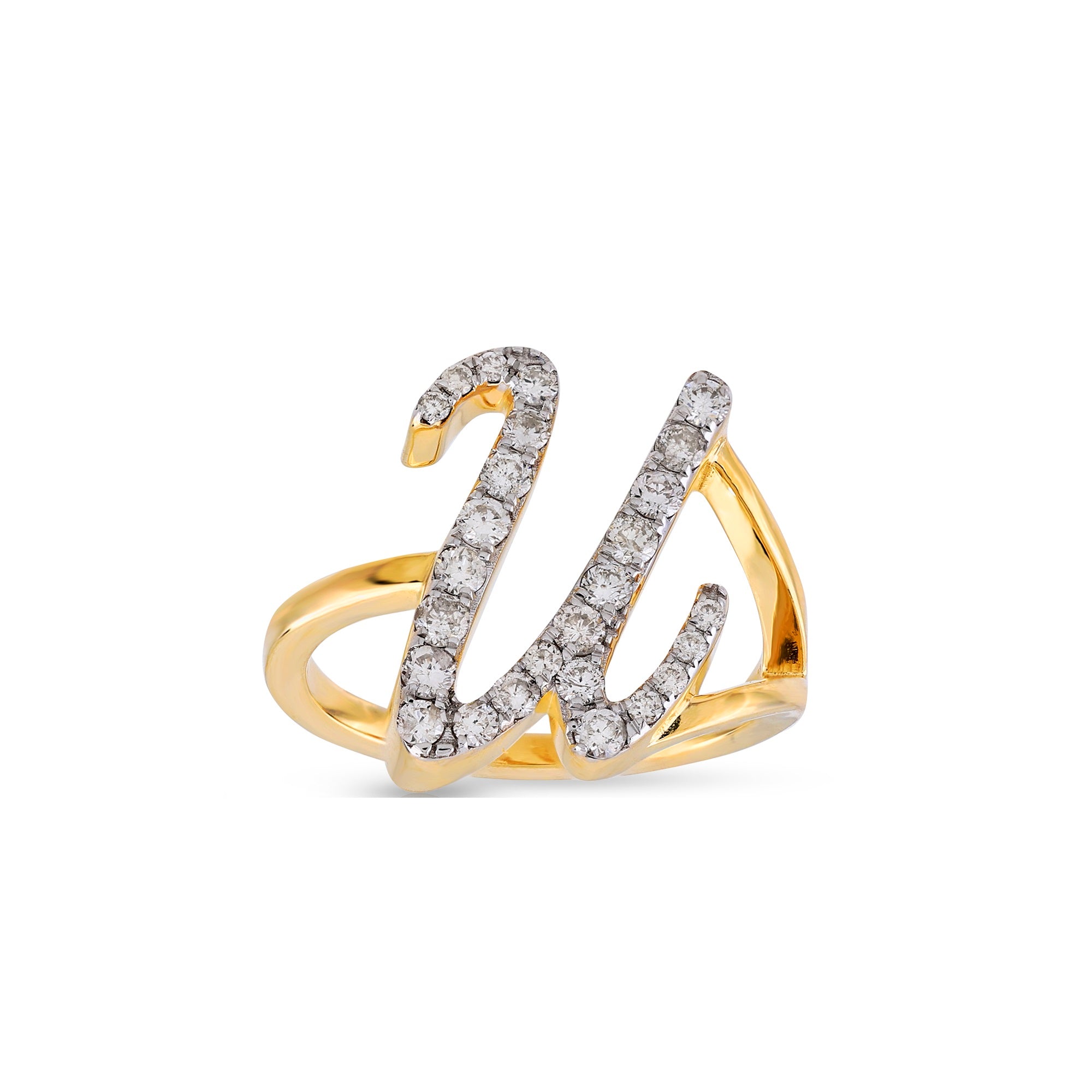 10K Yellow Gold Round Pave Diamond Initial Letter Ring