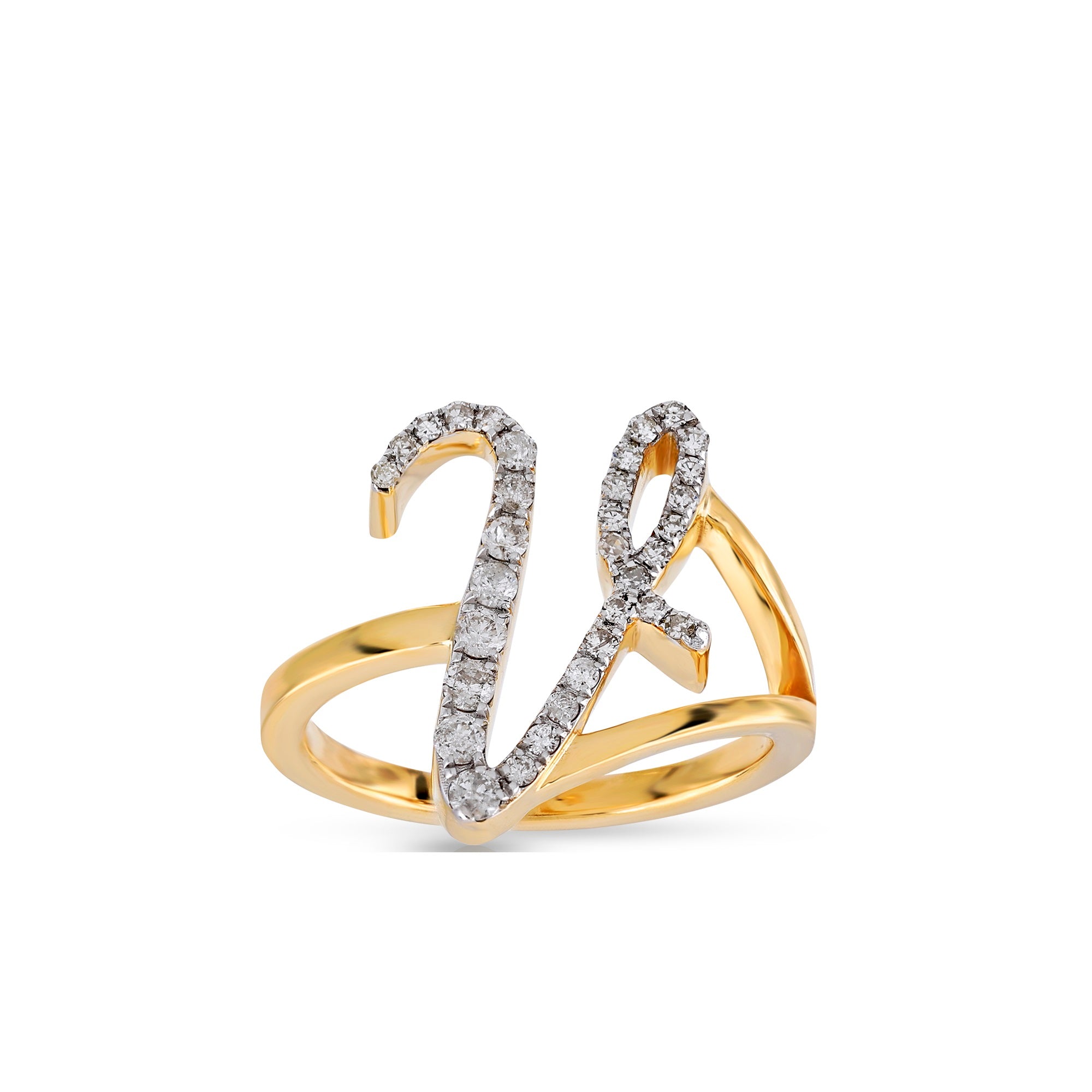 10K Yellow Gold Round Pave Diamond Initial Letter Ring