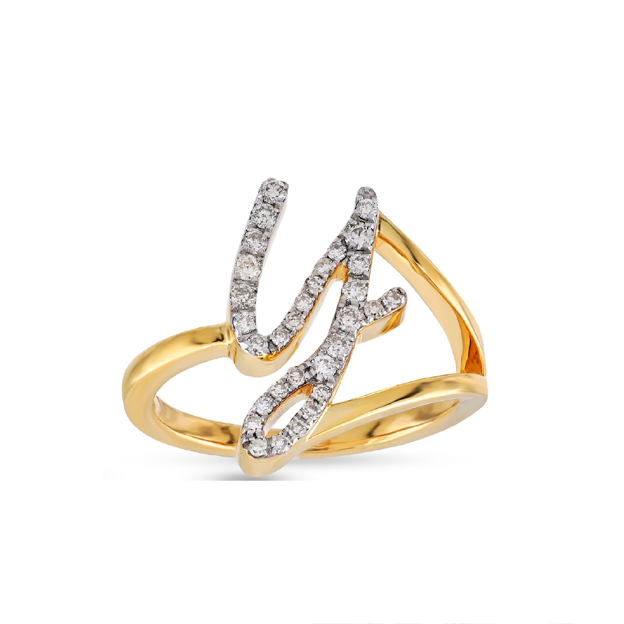 10K Yellow Gold Round Pave Diamond Initial Letter Ring