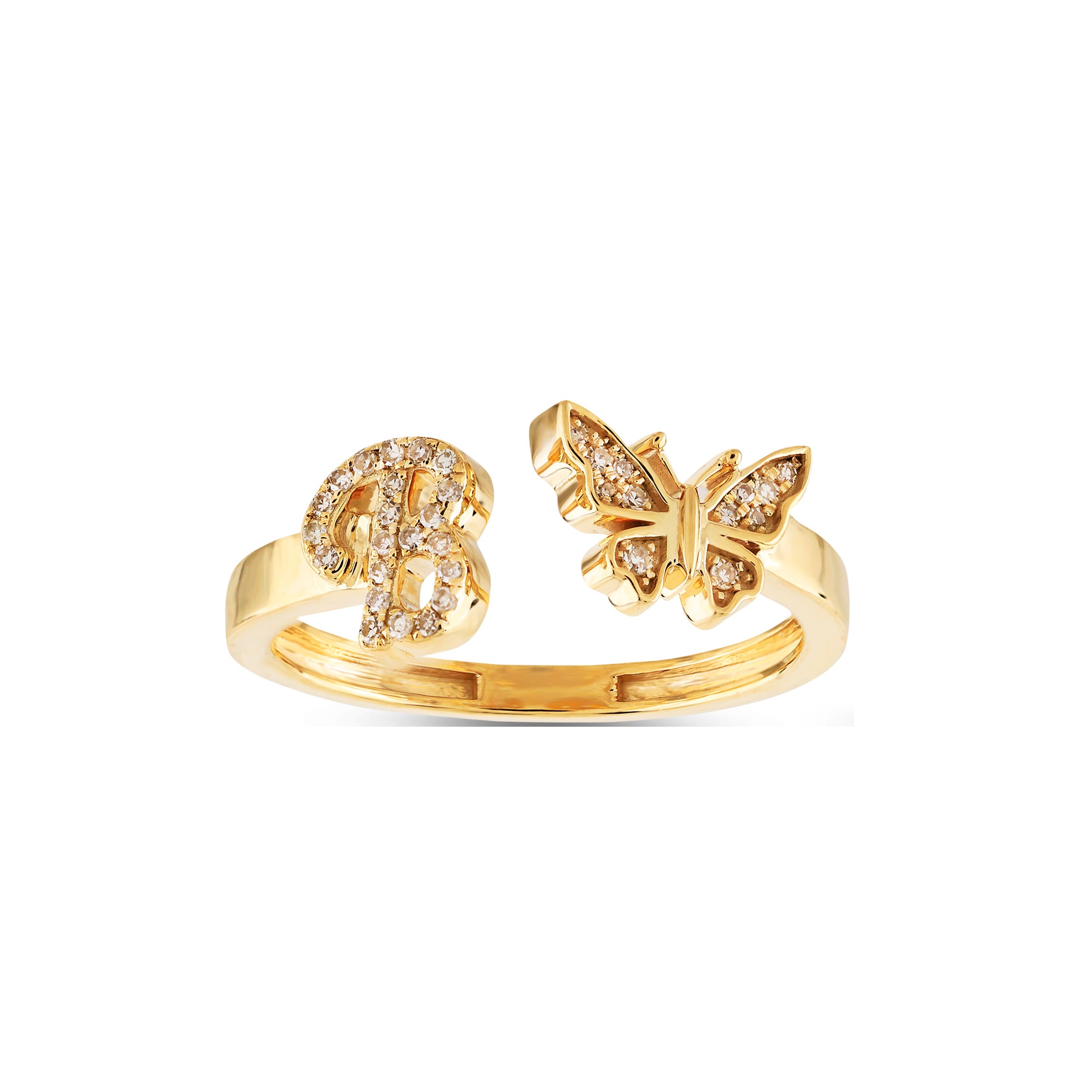10K Yellow Gold Round Diamond Butterfly Initial Letter Ring