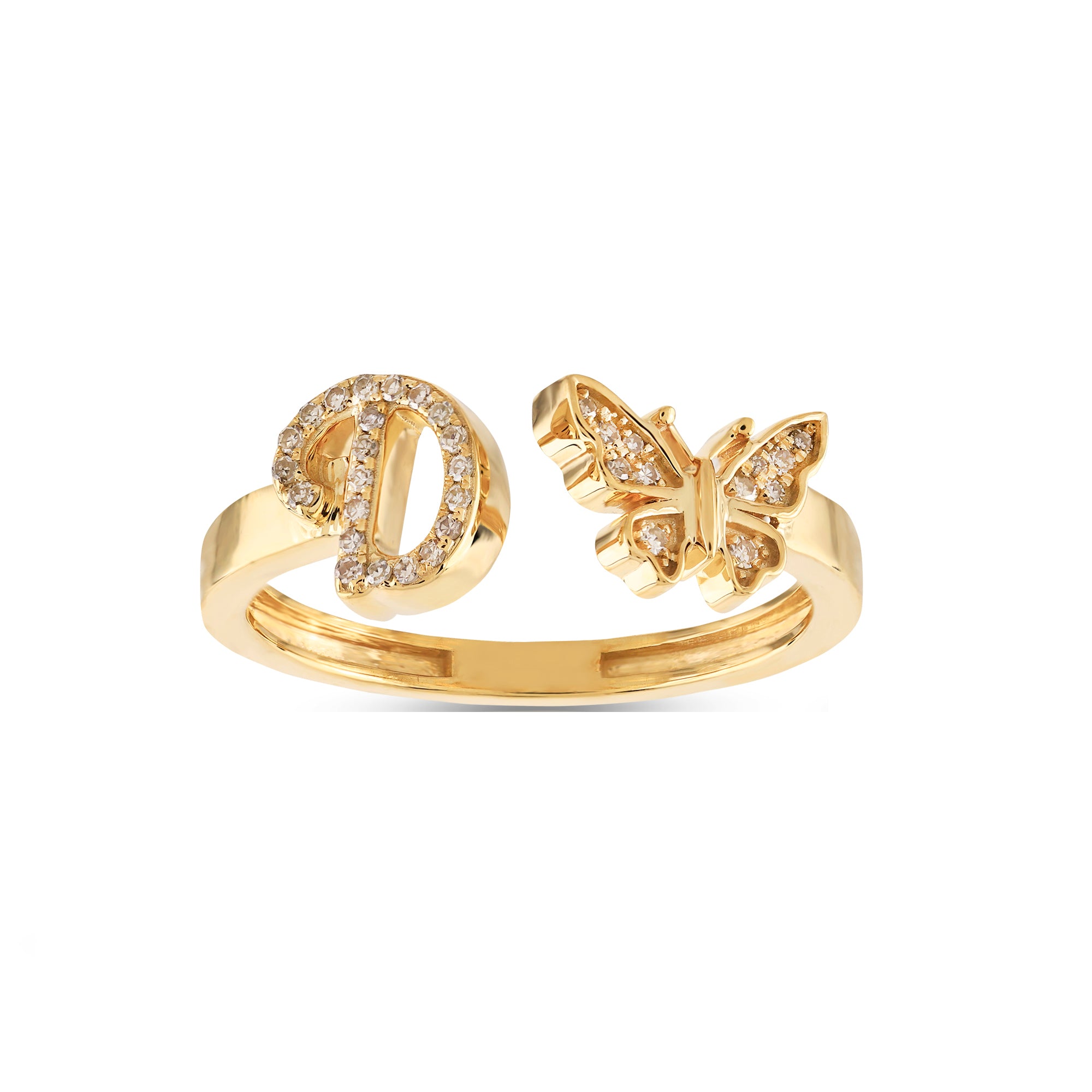 10K Yellow Gold Round Diamond Butterfly Initial Letter Ring