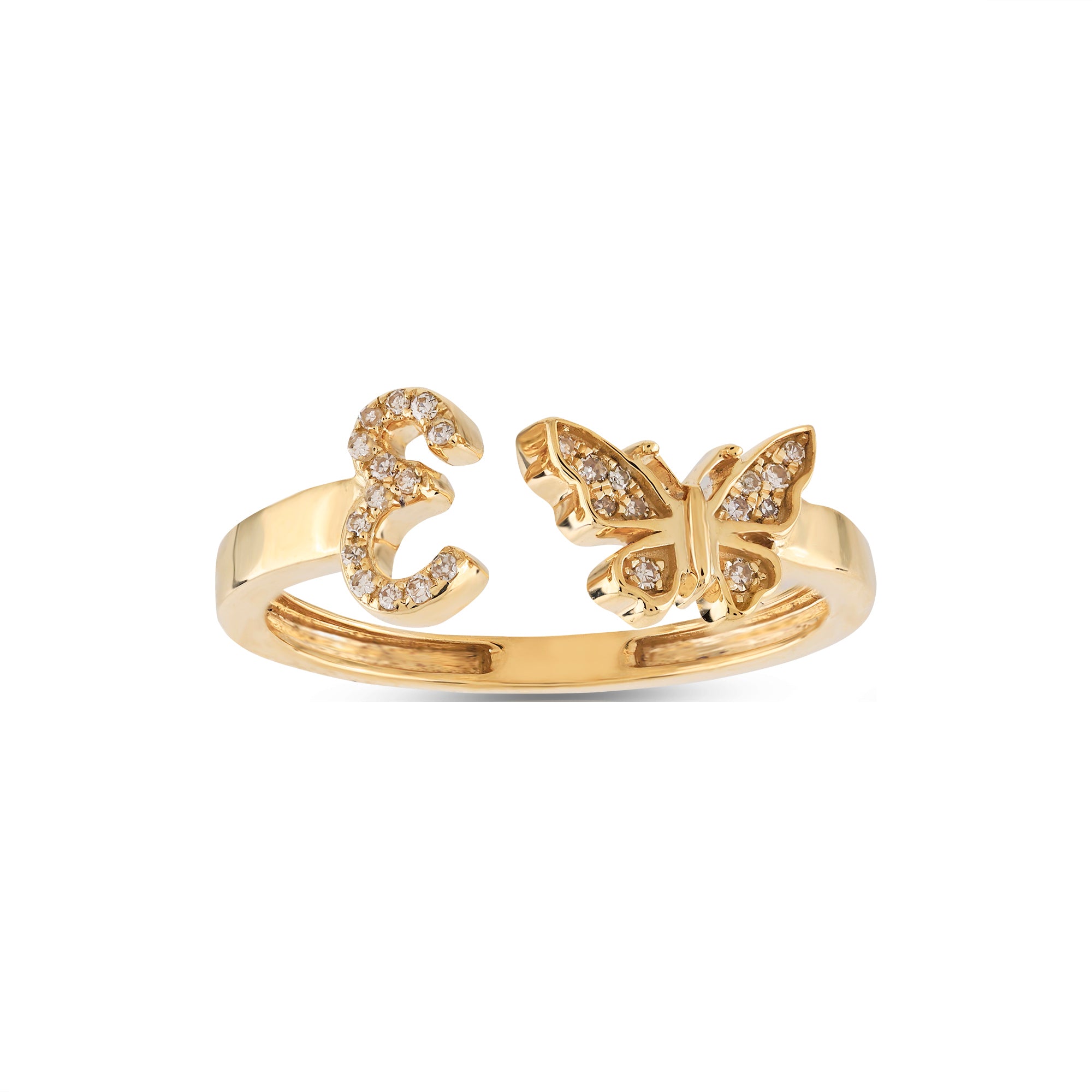 10K Yellow Gold Round Diamond Butterfly Initial Letter Ring