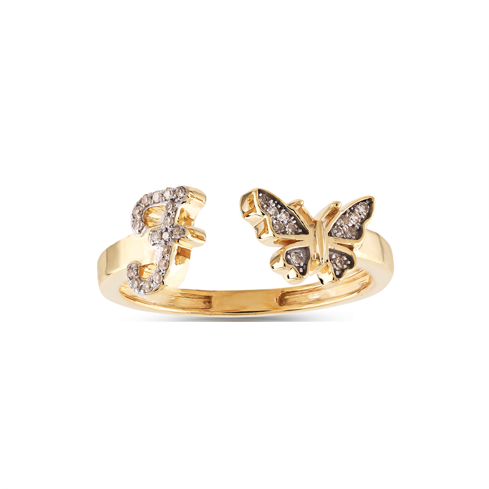 10K Yellow Gold Round Diamond Butterfly Initial Letter Ring