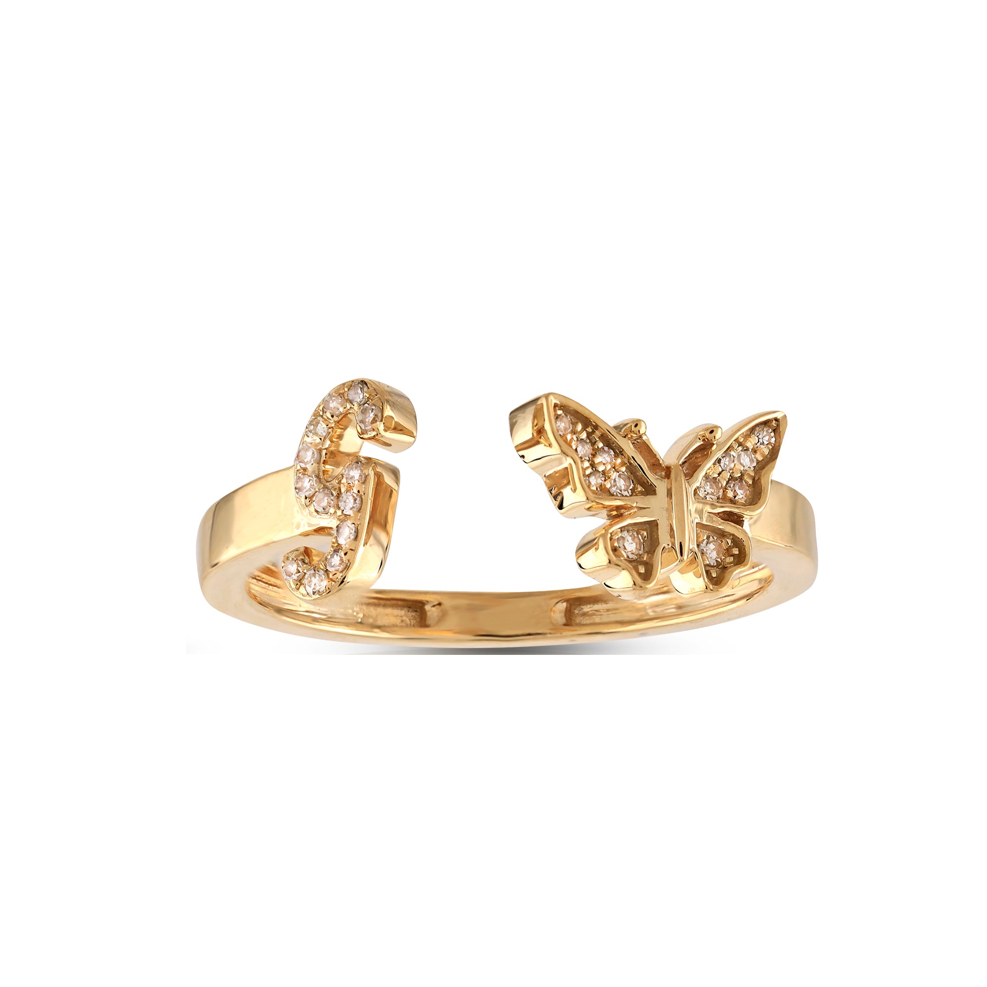 10K Yellow Gold Round Diamond Butterfly Initial Letter Ring