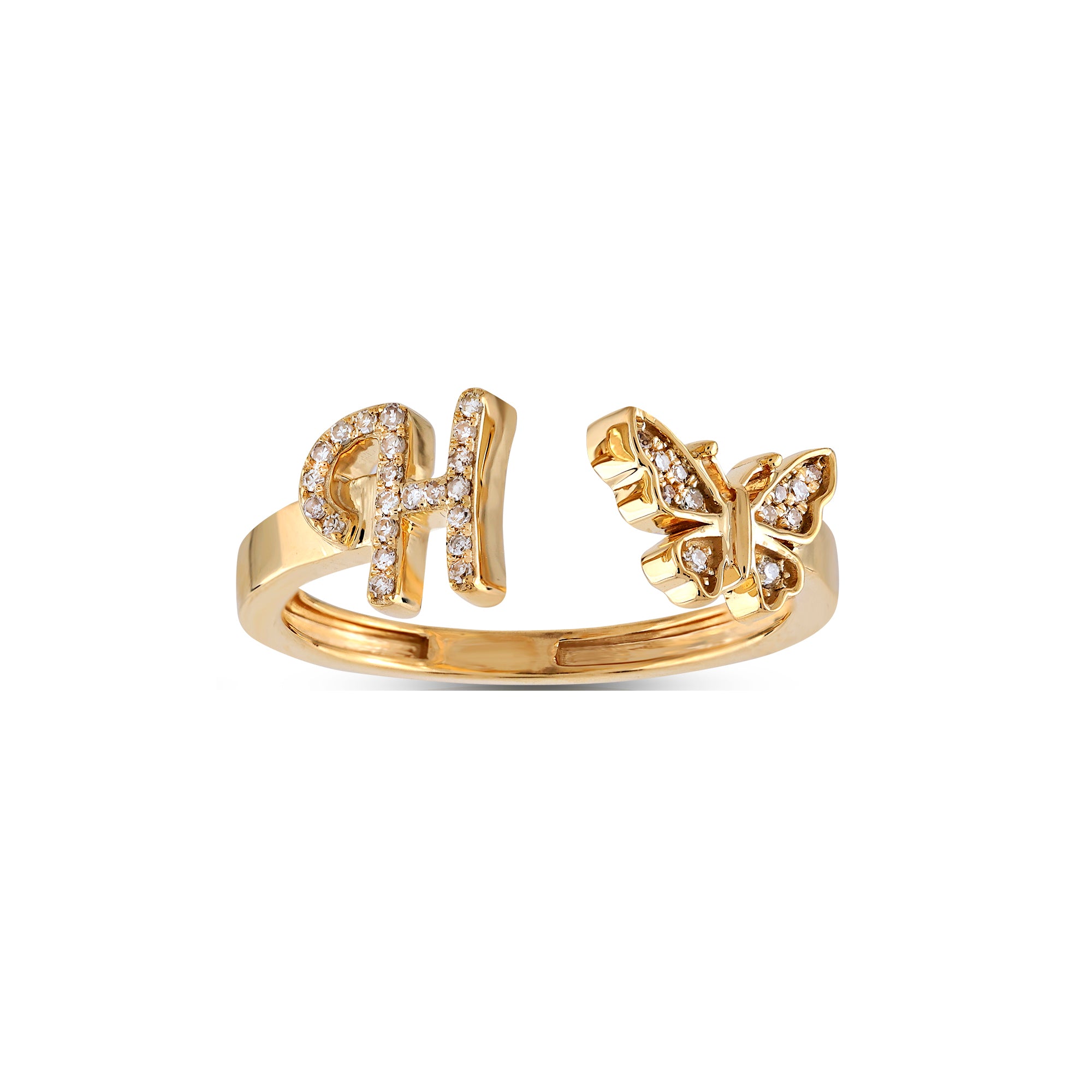 10K Yellow Gold Round Diamond Butterfly Initial Letter Ring