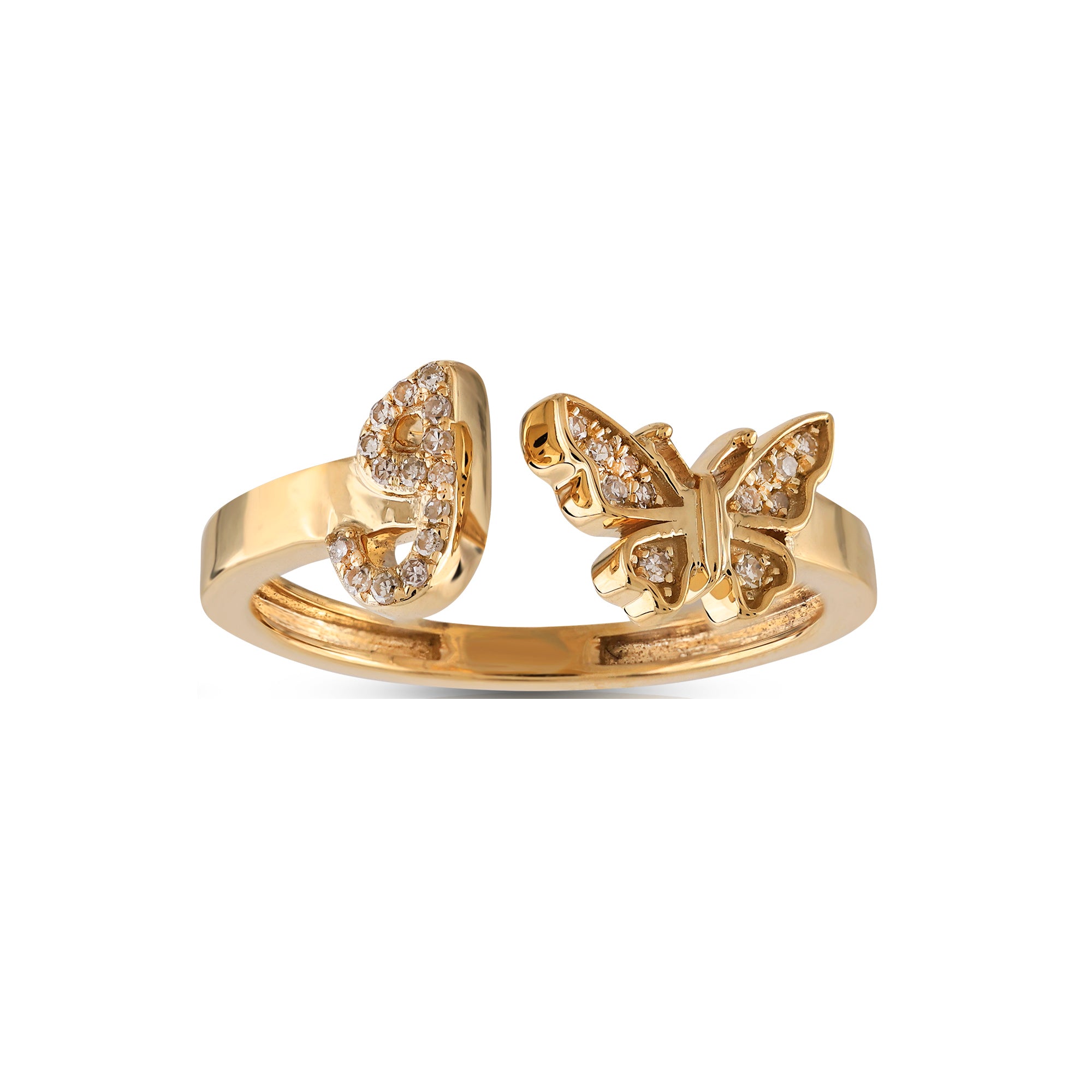 10K Yellow Gold Round Diamond Butterfly Initial Letter Ring