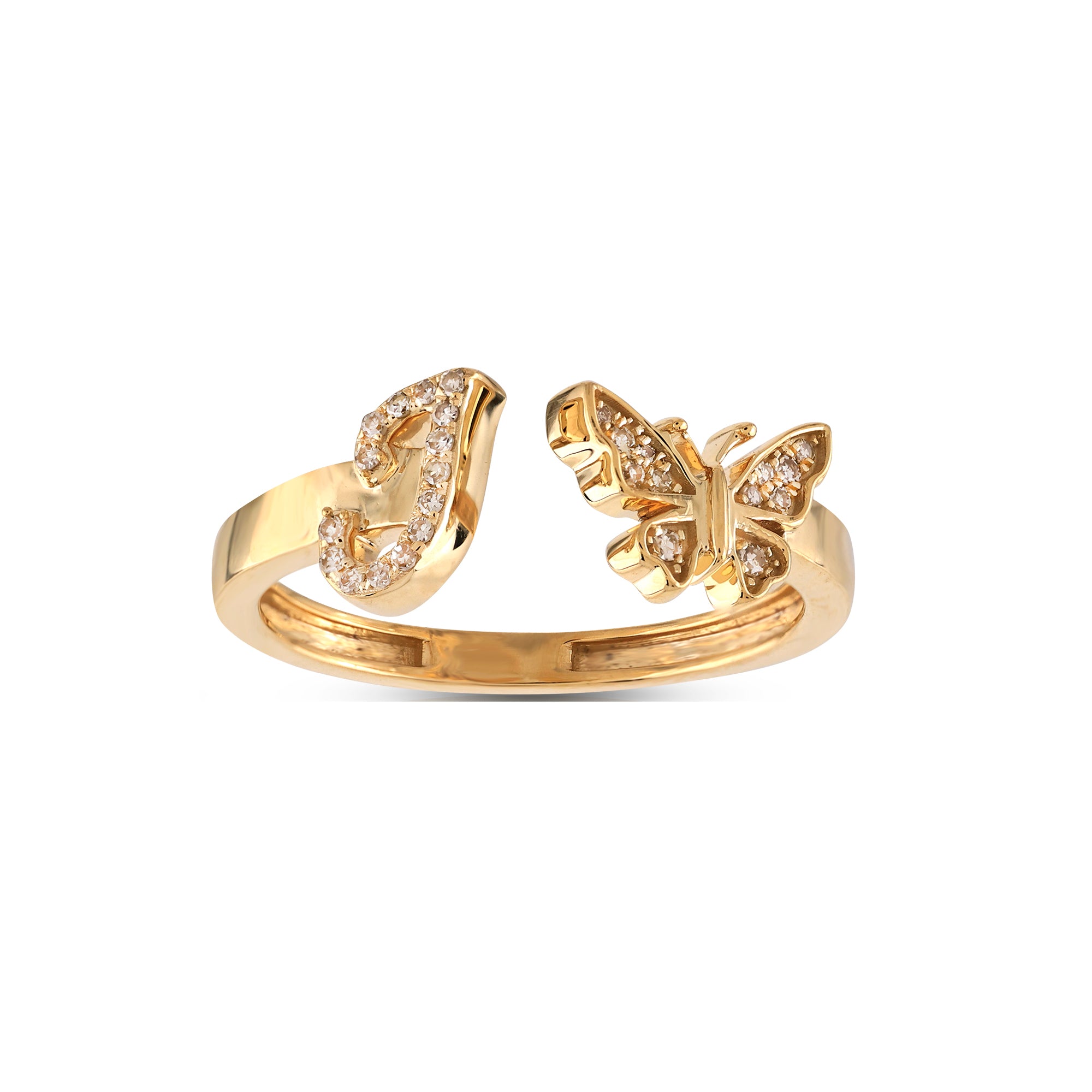10K Yellow Gold Round Diamond Butterfly Initial Letter Ring