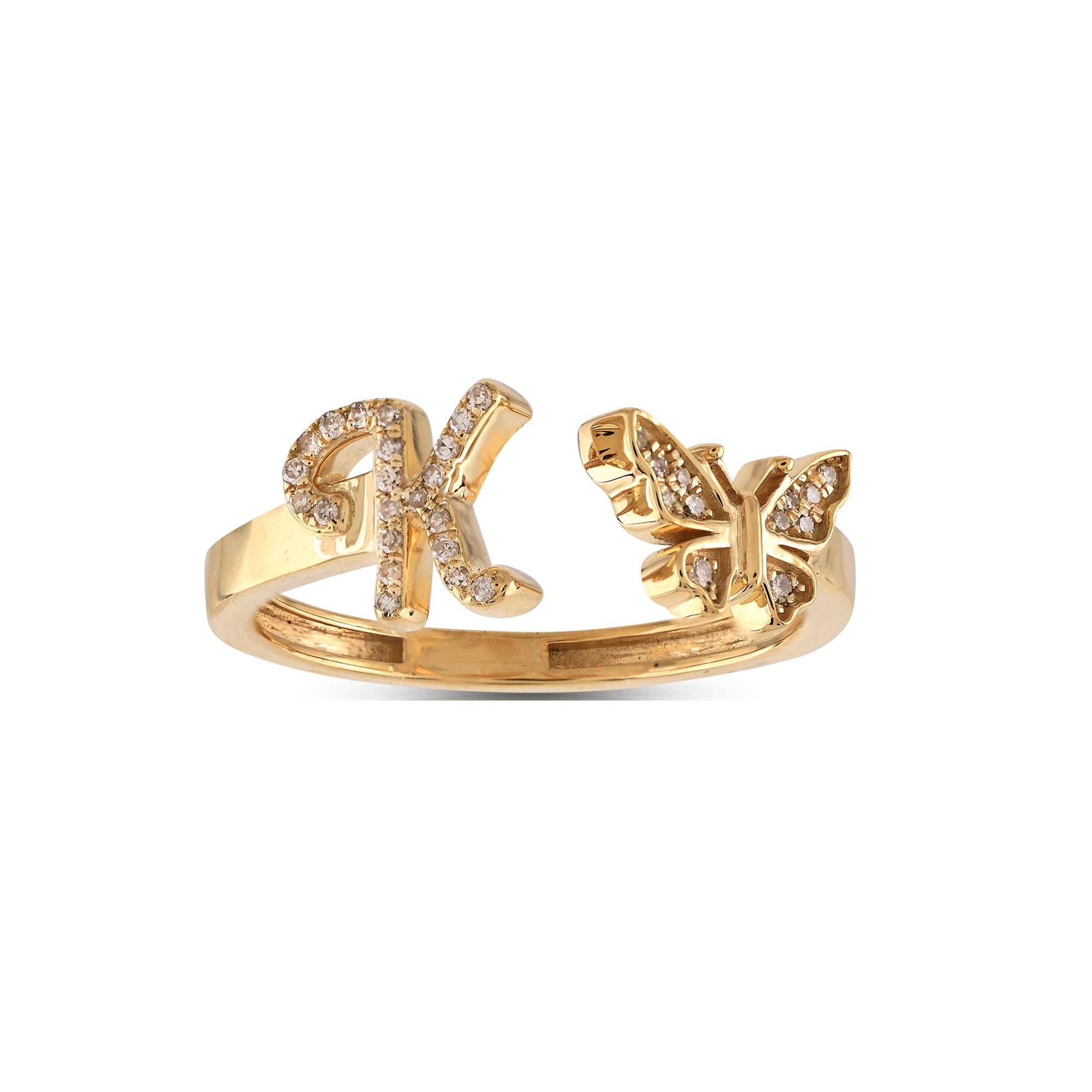 10K Yellow Gold Round Diamond Butterfly Initial Letter Ring