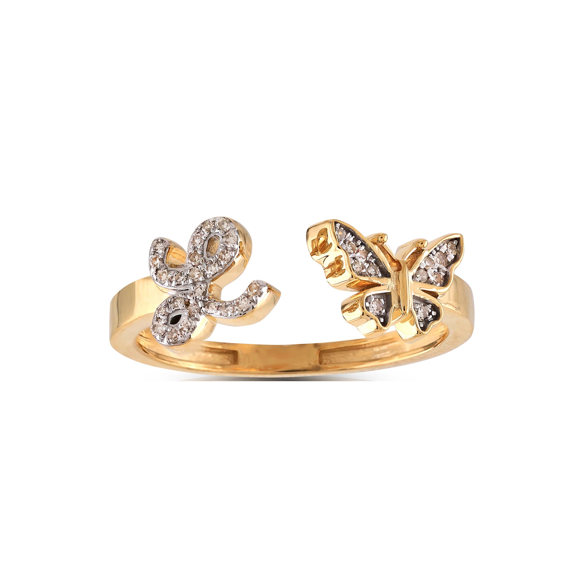 10K Yellow Gold Round Diamond Butterfly Initial Letter Ring