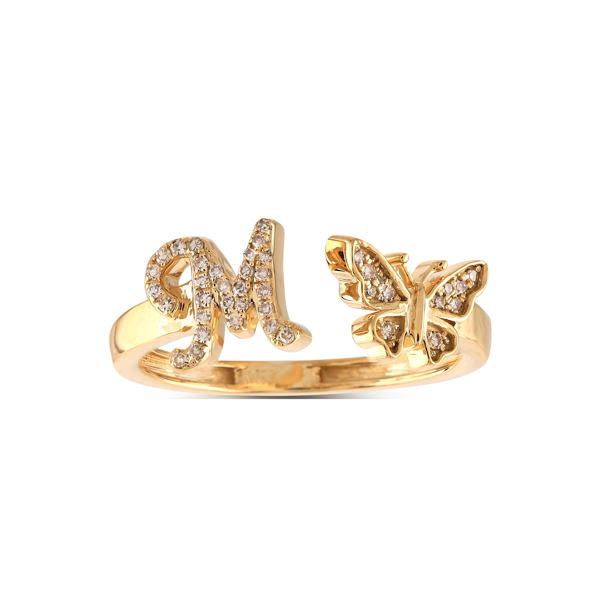 10K Yellow Gold Round Diamond Butterfly Initial Letter Ring