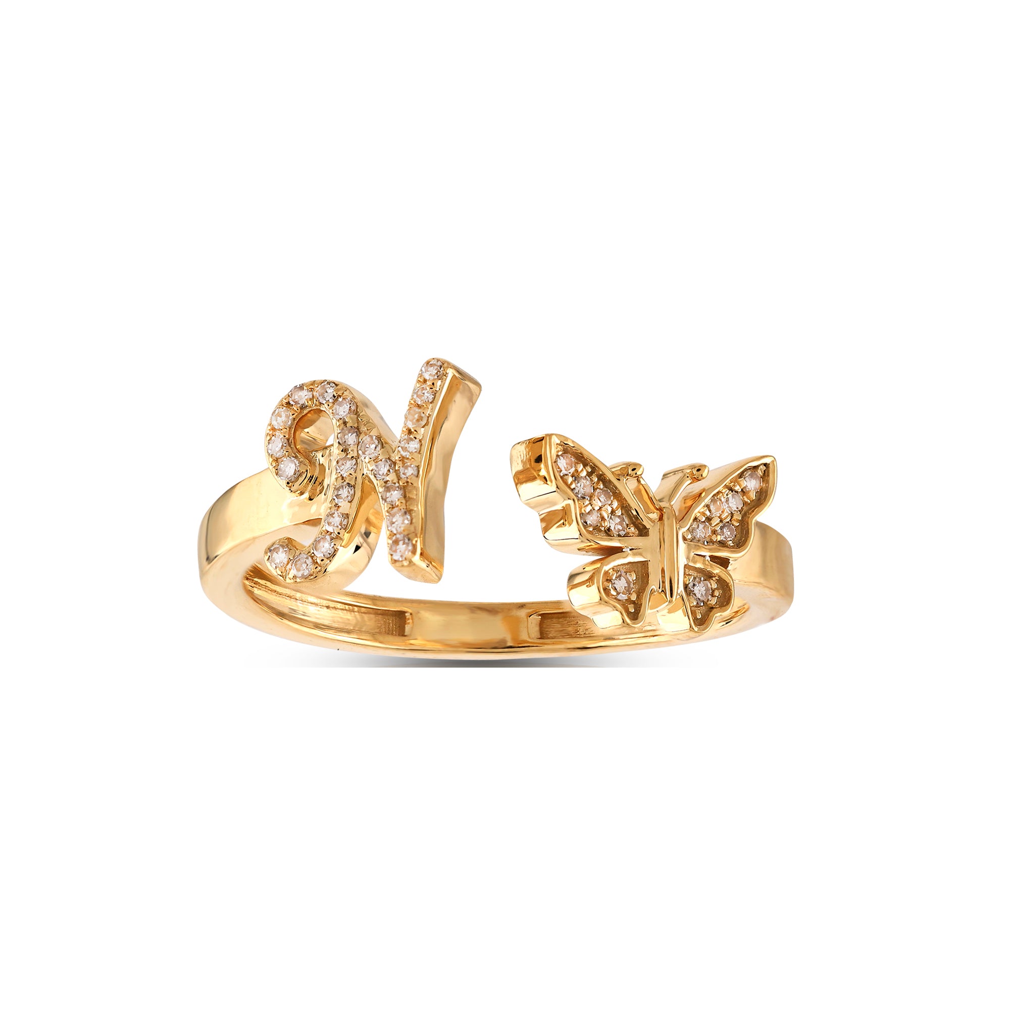 10K Yellow Gold Round Diamond Butterfly Initial Letter Ring