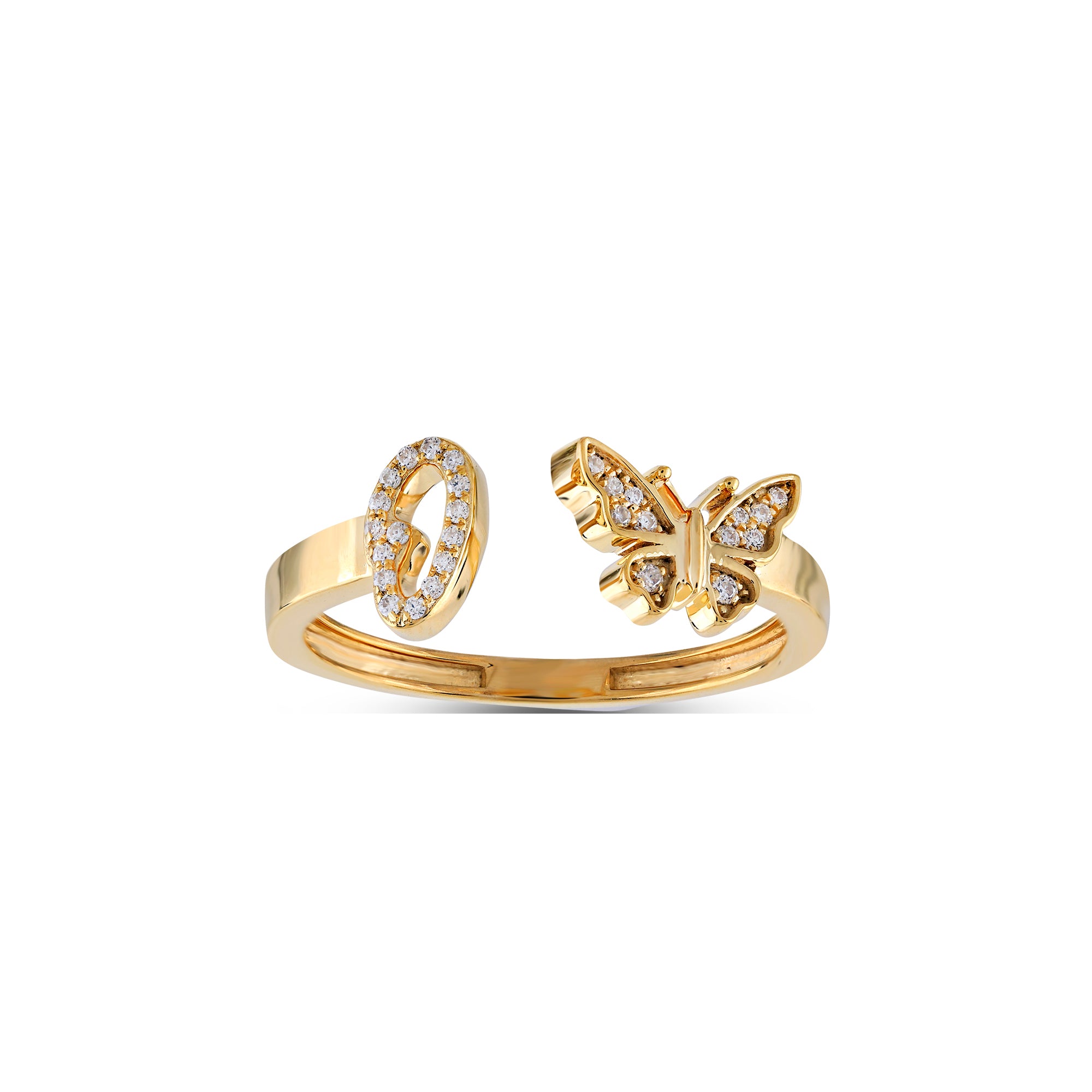 10K Yellow Gold Round Diamond Butterfly Initial Letter Ring