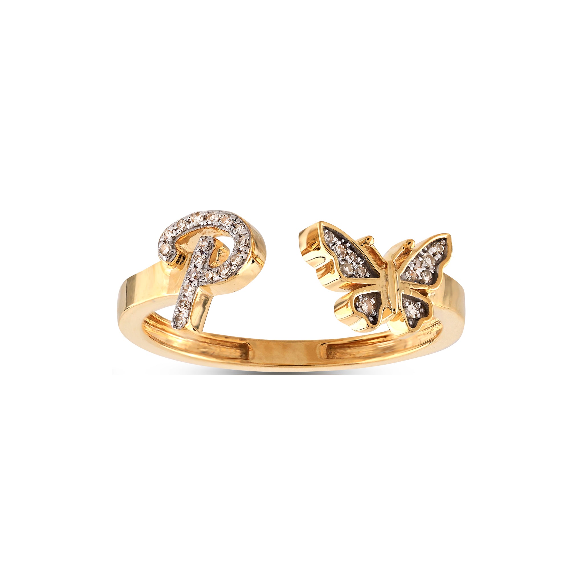 10K Yellow Gold Round Diamond Butterfly Initial Letter Ring