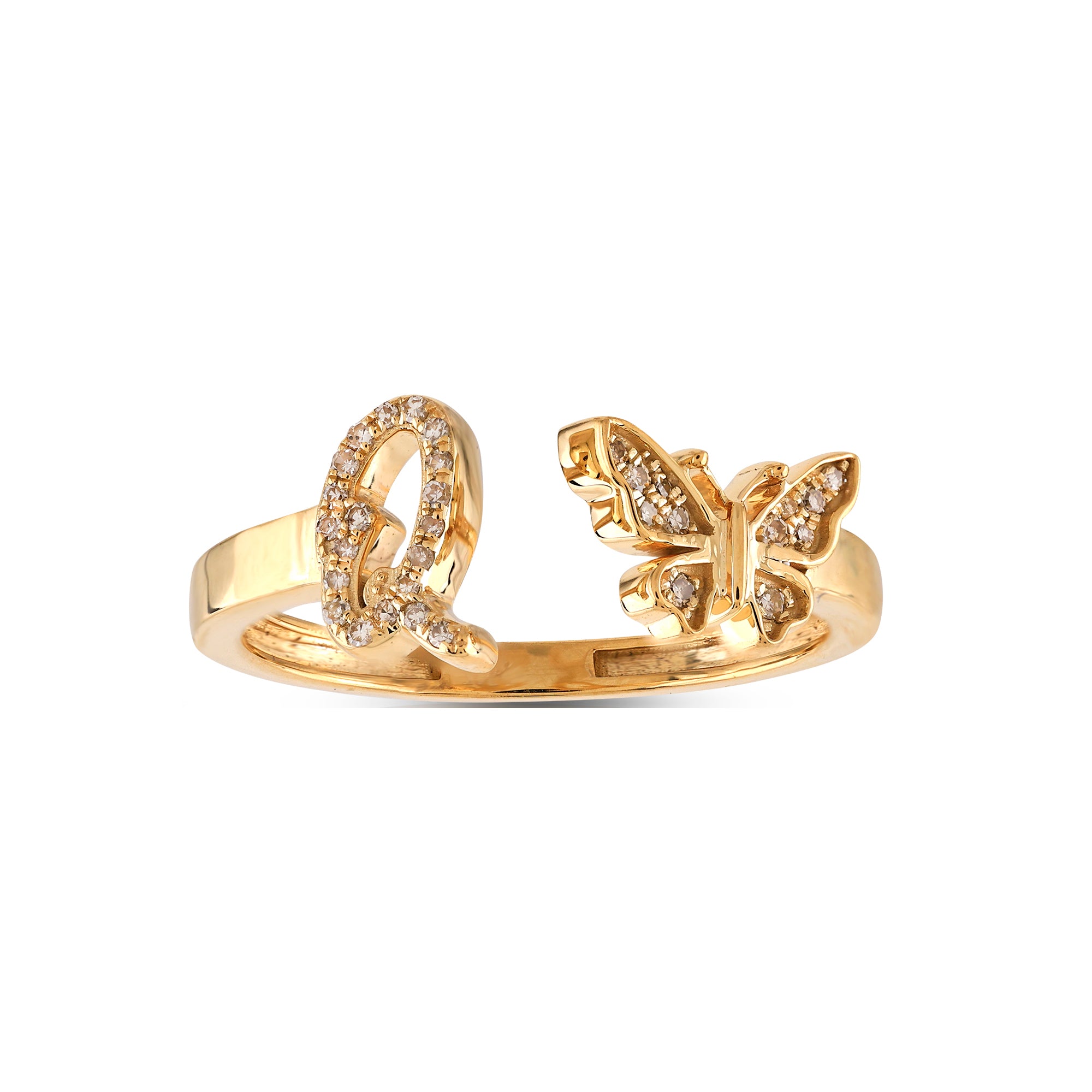 10K Yellow Gold Round Diamond Butterfly Initial Letter Ring