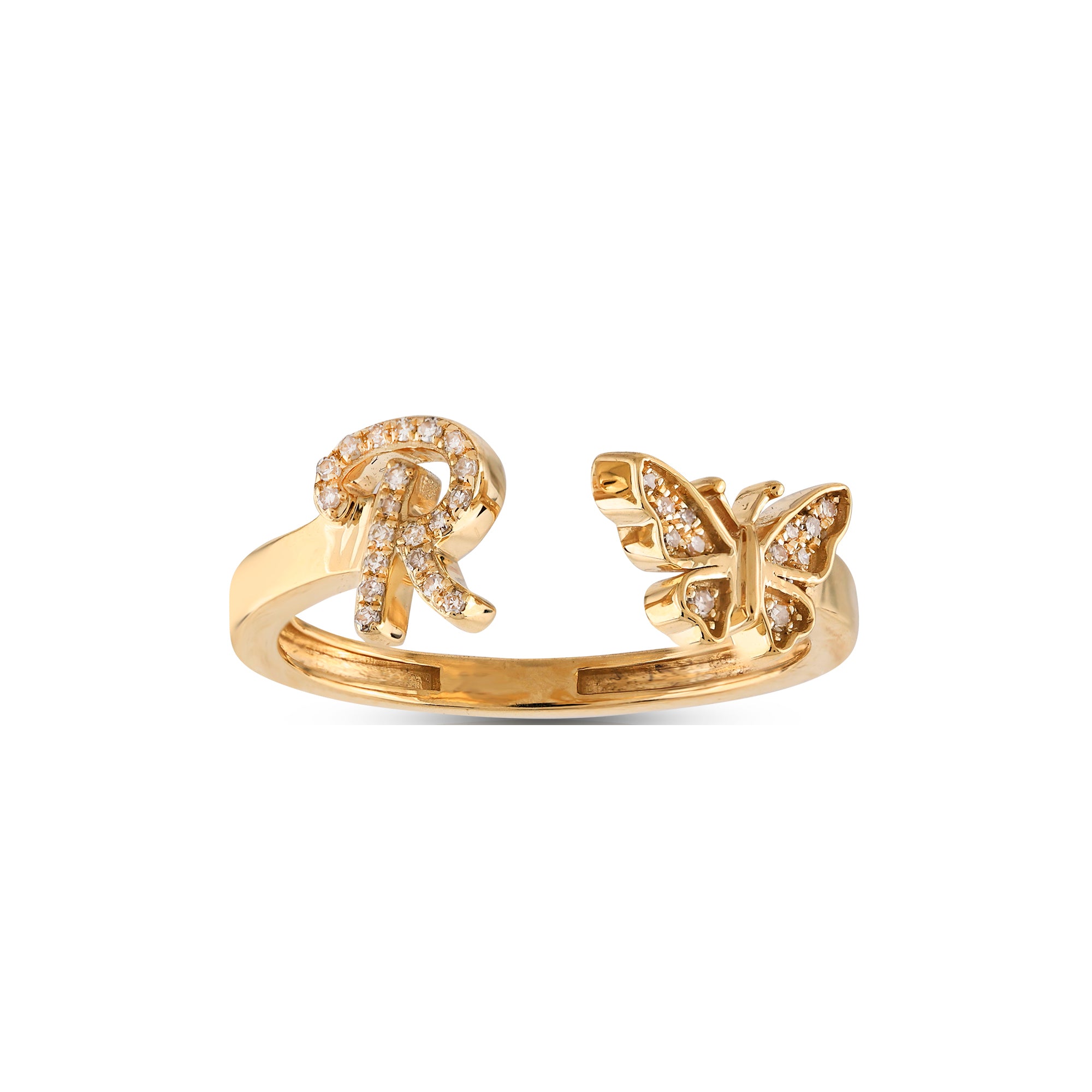 10K Yellow Gold Round Diamond Butterfly Initial Letter Ring