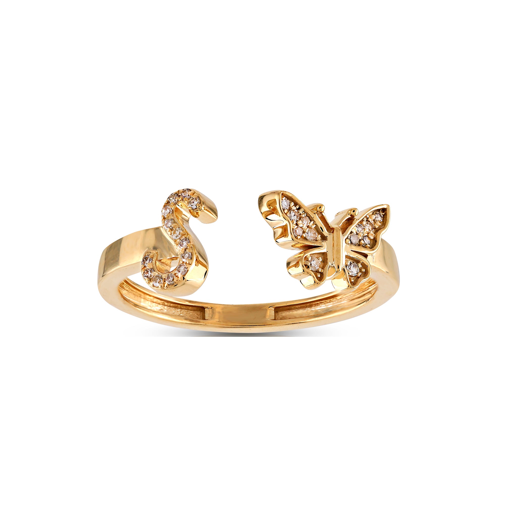 10K Yellow Gold Round Diamond Butterfly Initial Letter Ring