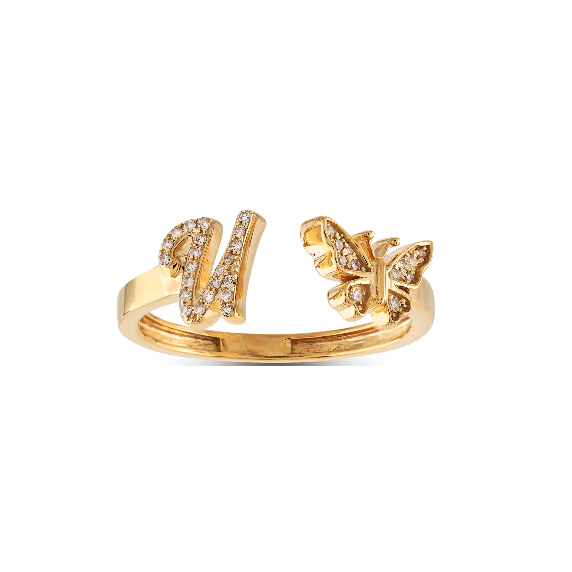 10K Yellow Gold Round Diamond Butterfly Initial Letter Ring