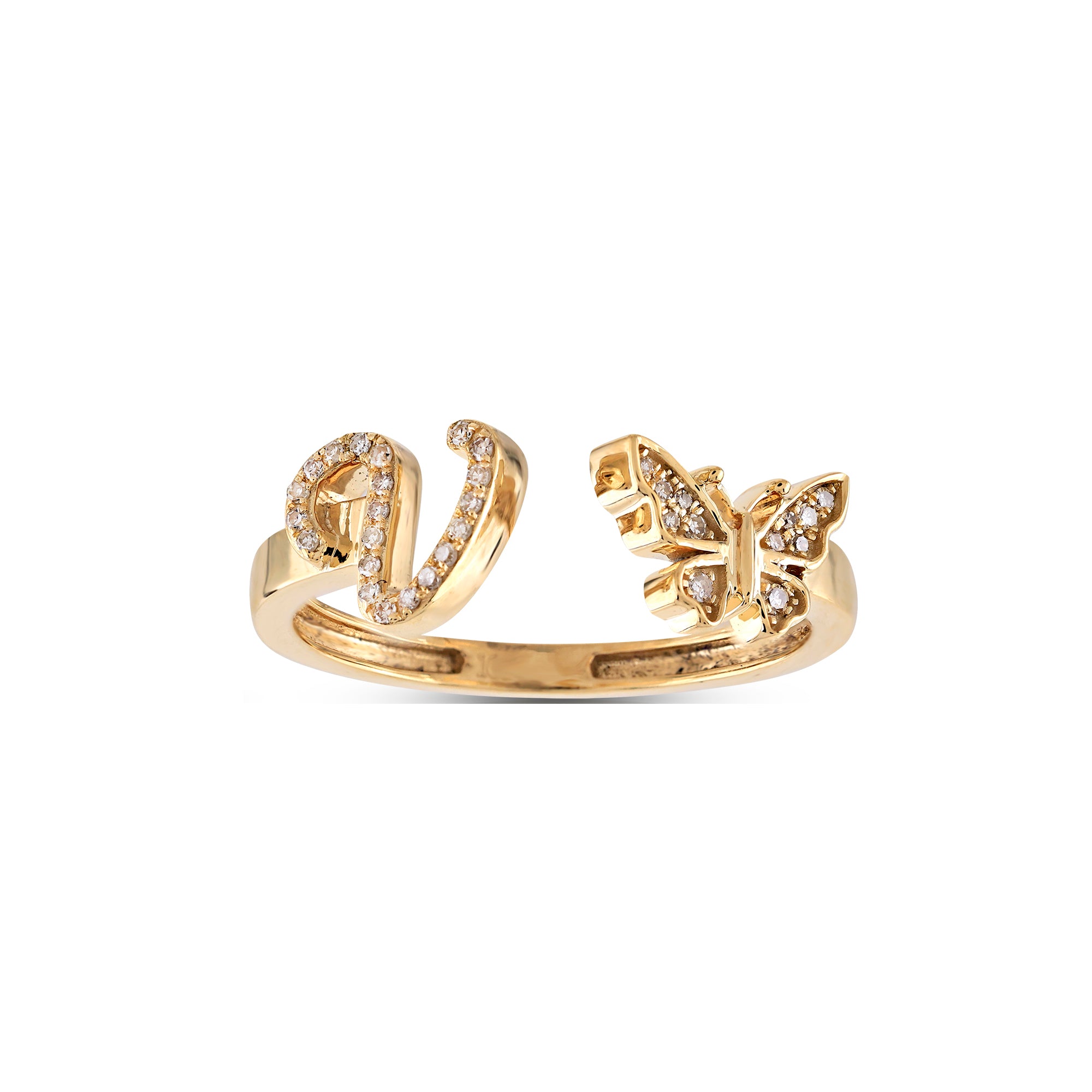 10K Yellow Gold Round Diamond Butterfly Initial Letter Ring