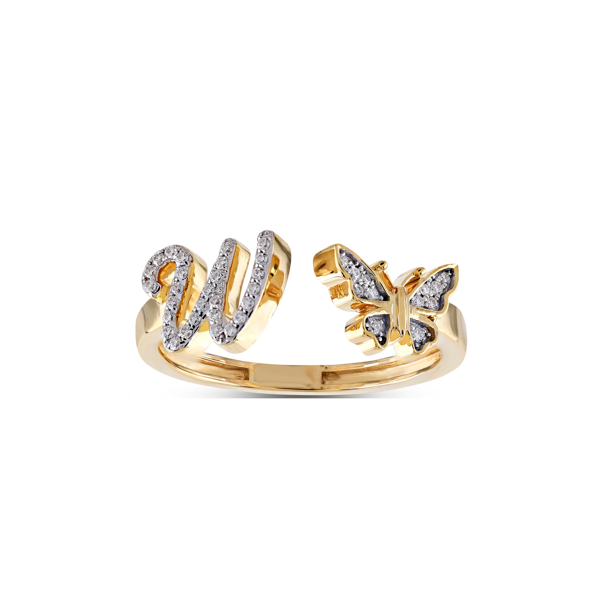 10K Yellow Gold Round Diamond Butterfly Initial Letter Ring
