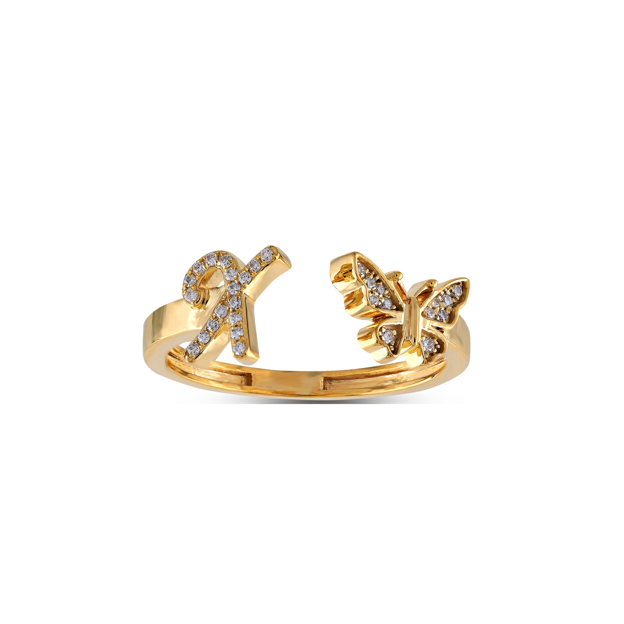 10K Yellow Gold Round Diamond Butterfly Initial Letter Ring