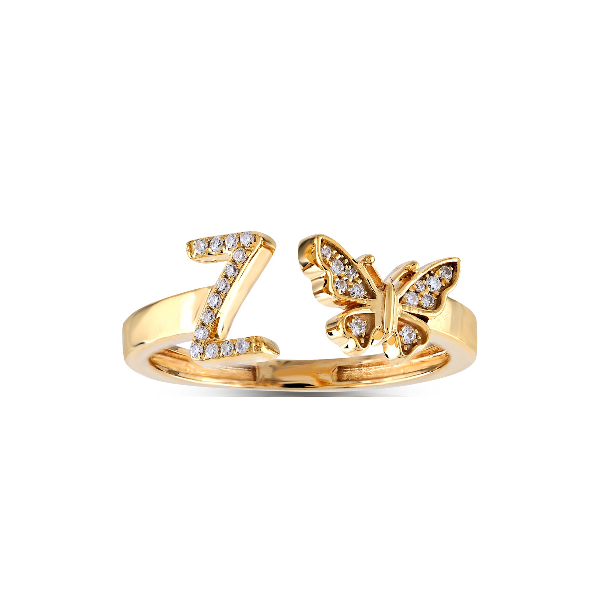 10K Yellow Gold Round Diamond Butterfly Initial Letter Ring