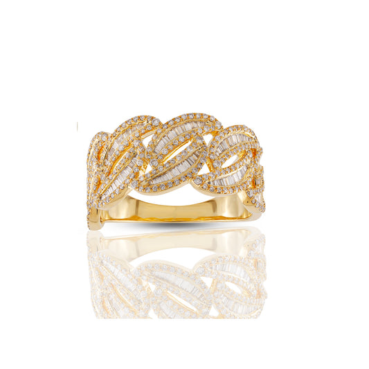 10 mm  Yellow Gold Round and Baguette Diamond Cuban Ring