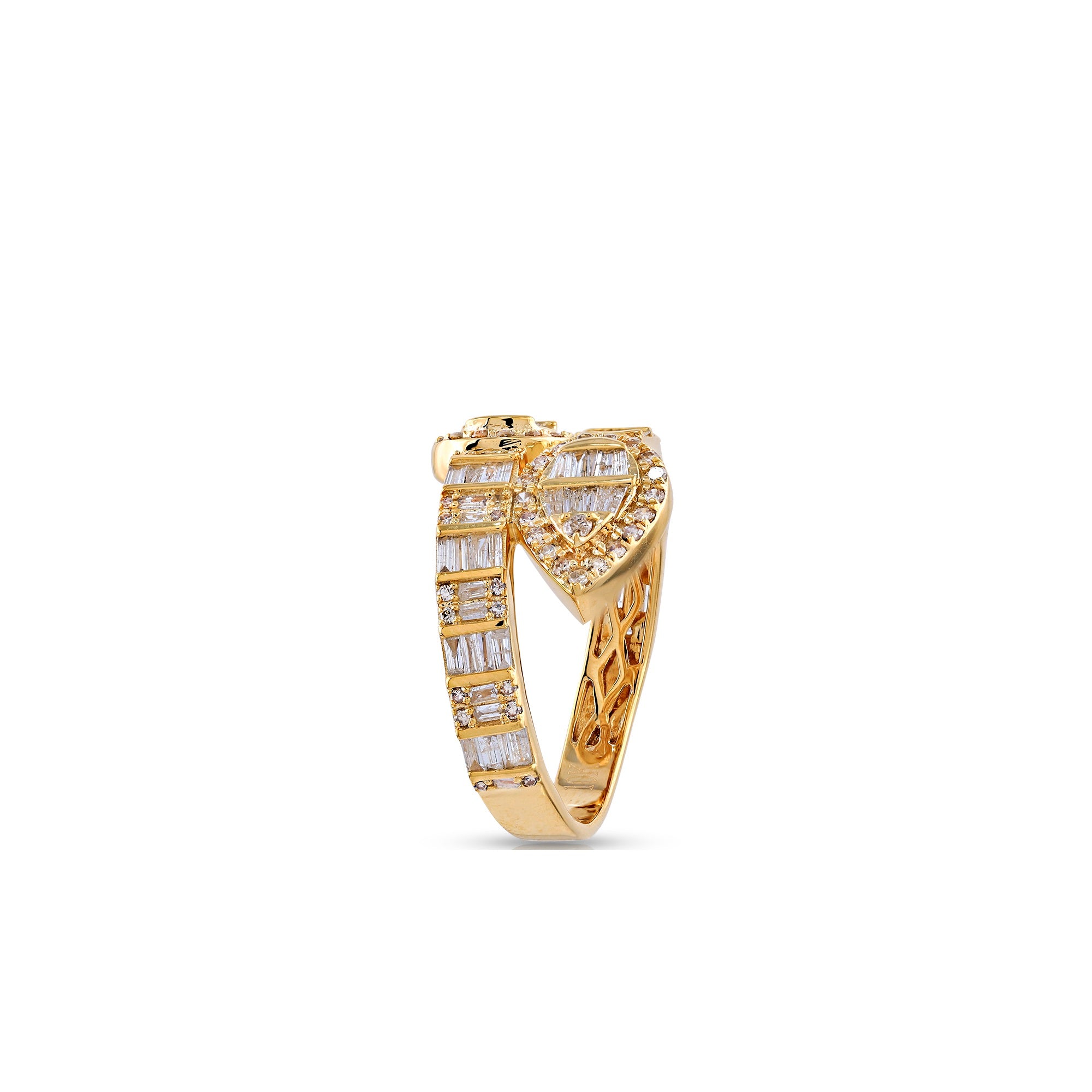Yellow Gold Round and Baguette Diamond Cuff Ring