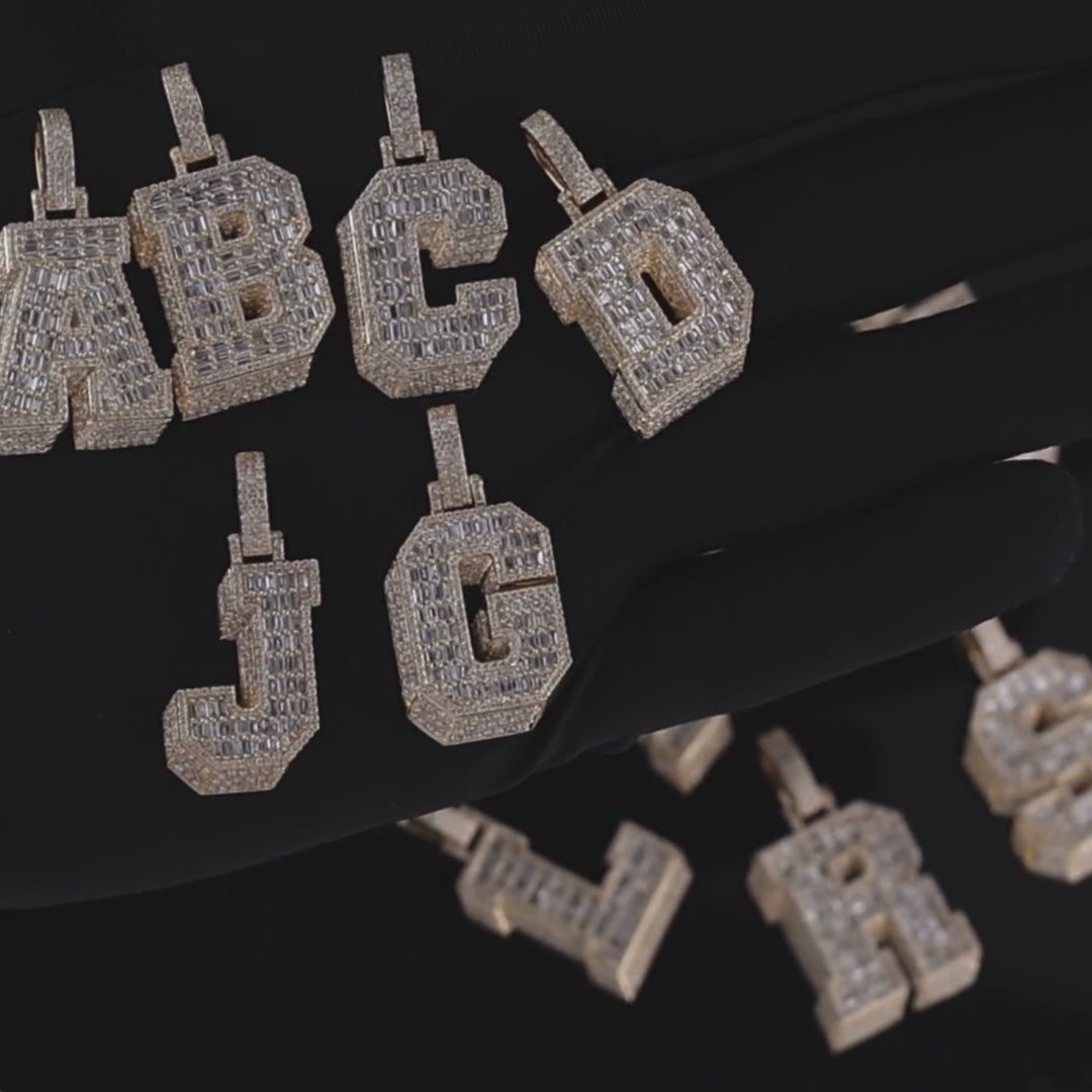10K Yellow Gold Baguette and Round Diamond 'A to Z' Initial Letter Pendant