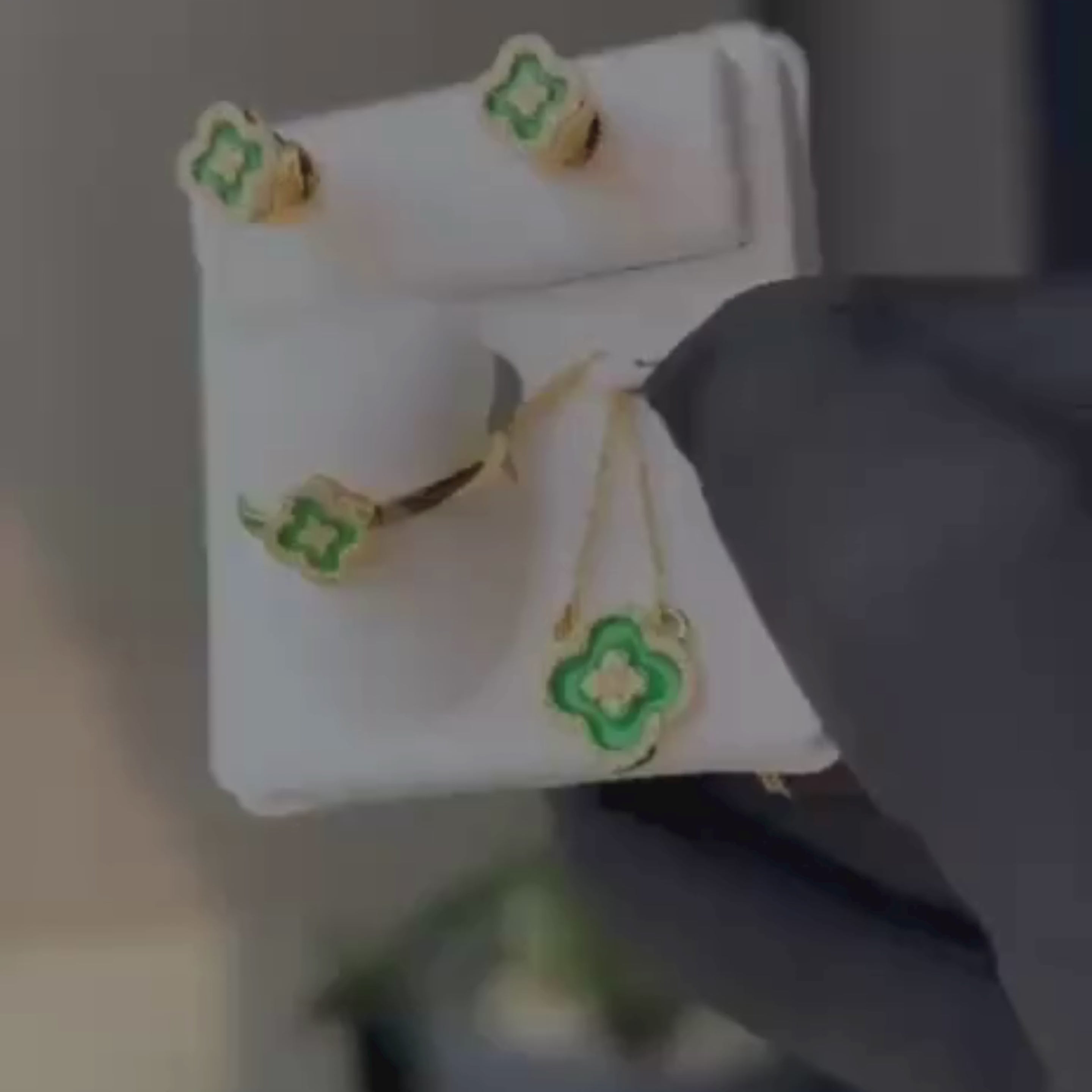 Green Clover Enamel & Diamond Jewelry Set in Yellow Gold (Earrings, Ring & Pendant)