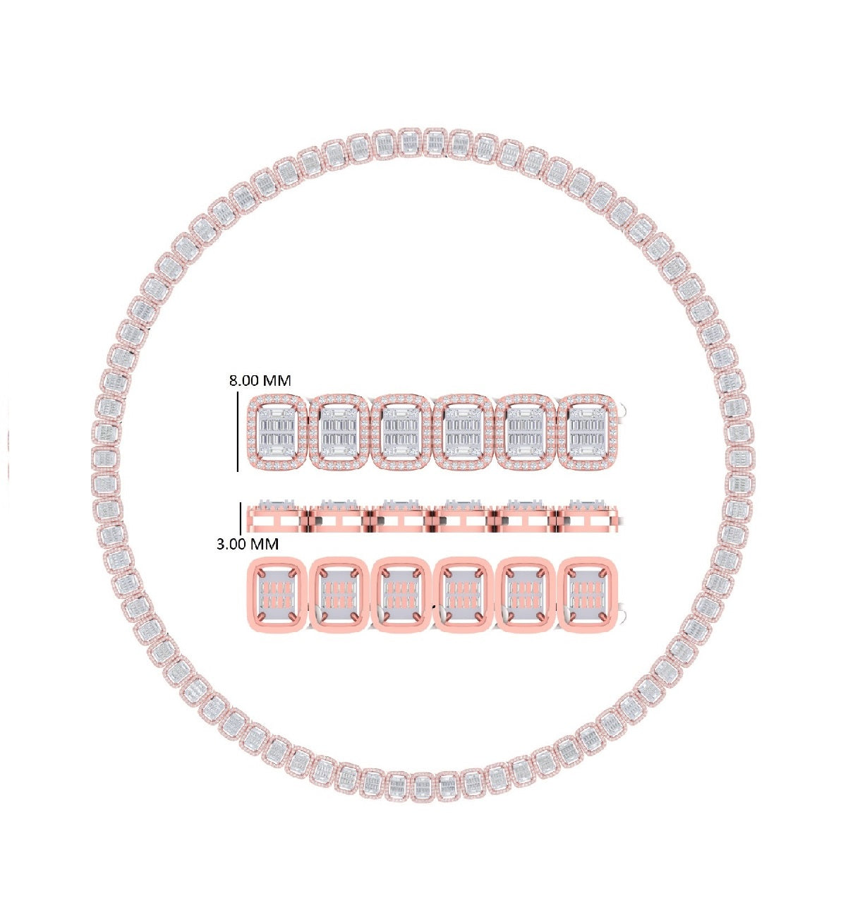 8mm Rose Gold Baguette and Round Diamond Chain