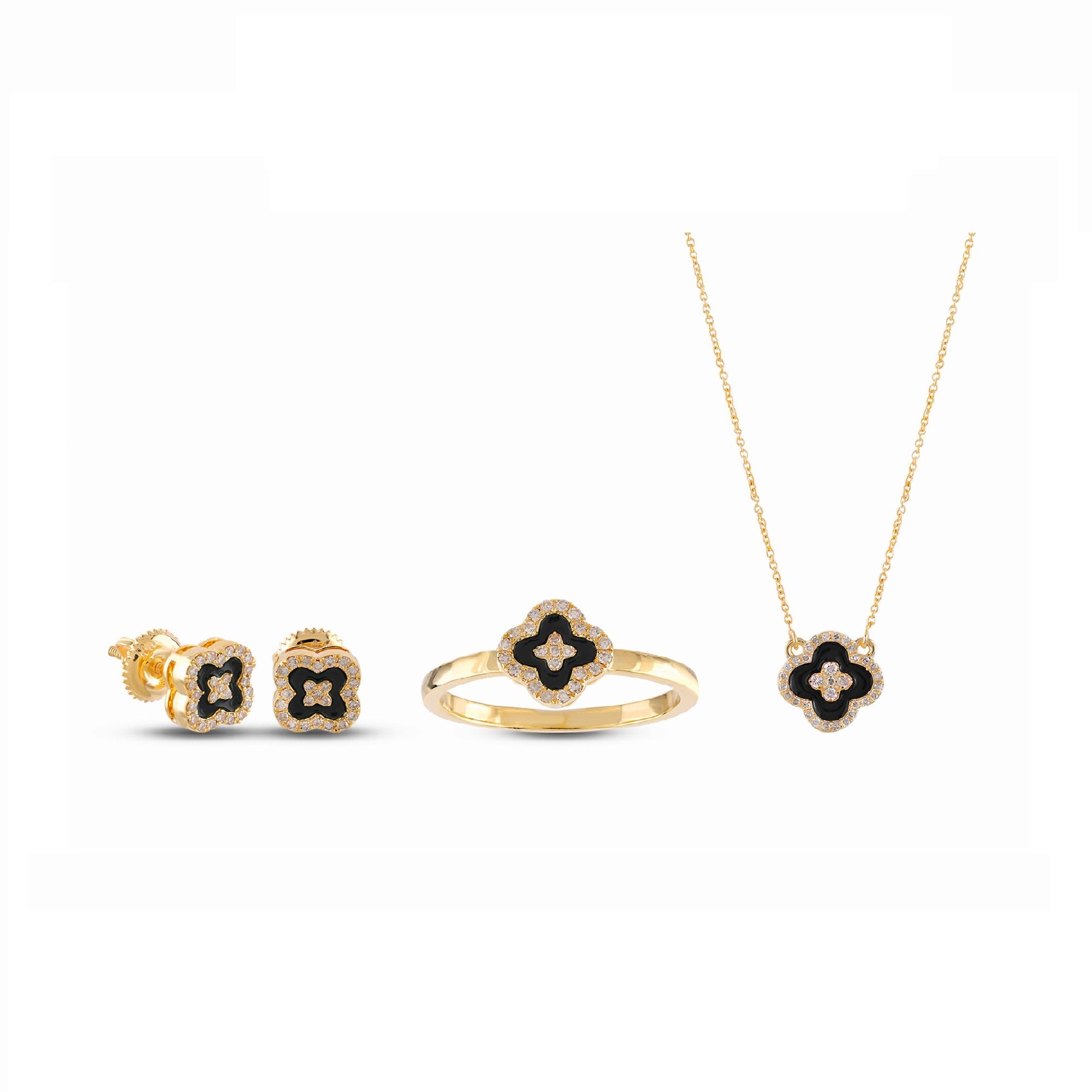 Black Clover Enamel & Diamond Jewelry Set in Yellow Gold (Earrings, Ring & Pendant)
